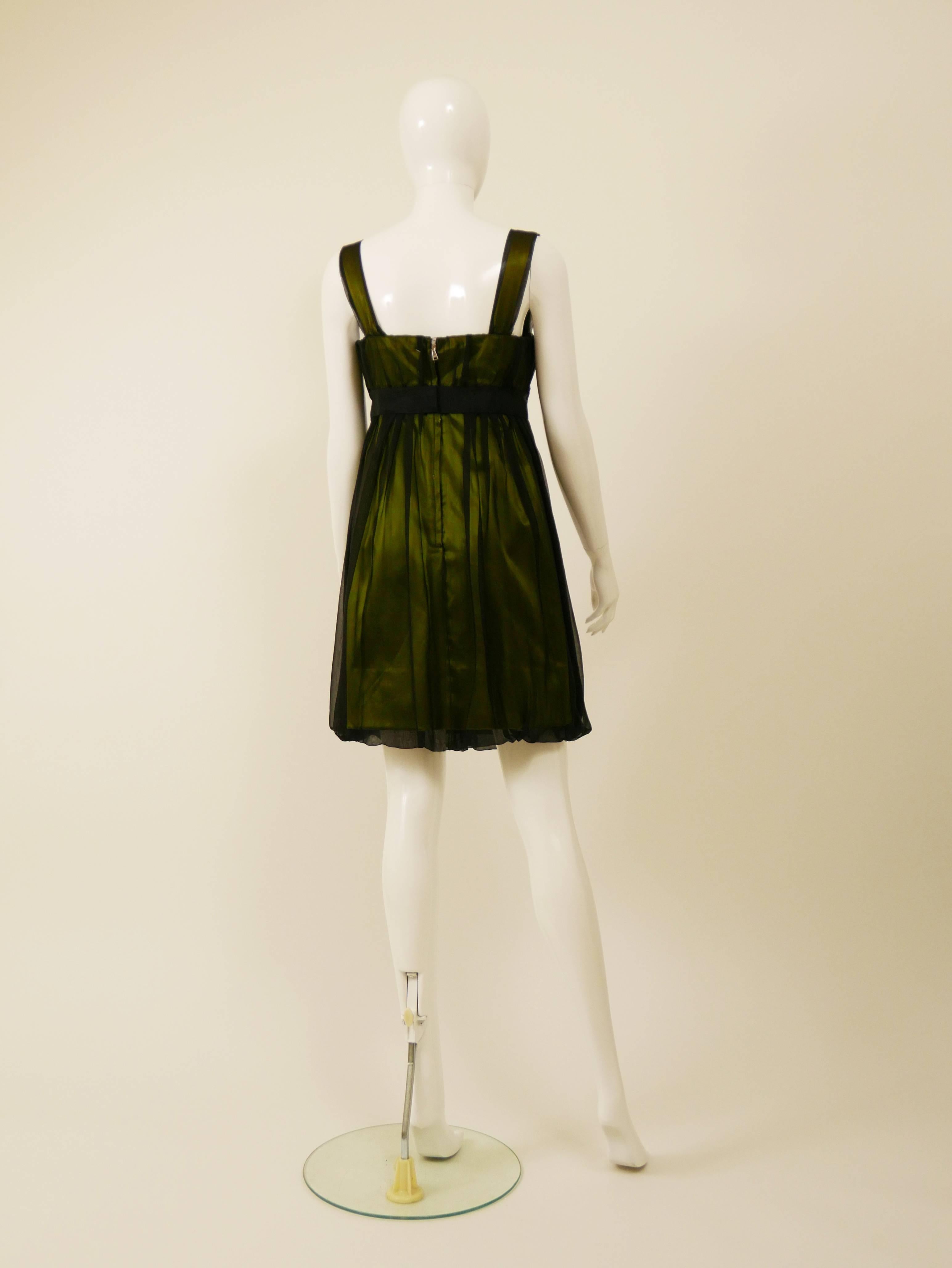 DOLCE & GABBANA Black Sheer and Green Satin Embroidered Cocktail Dress In Excellent Condition In Milan, Italy