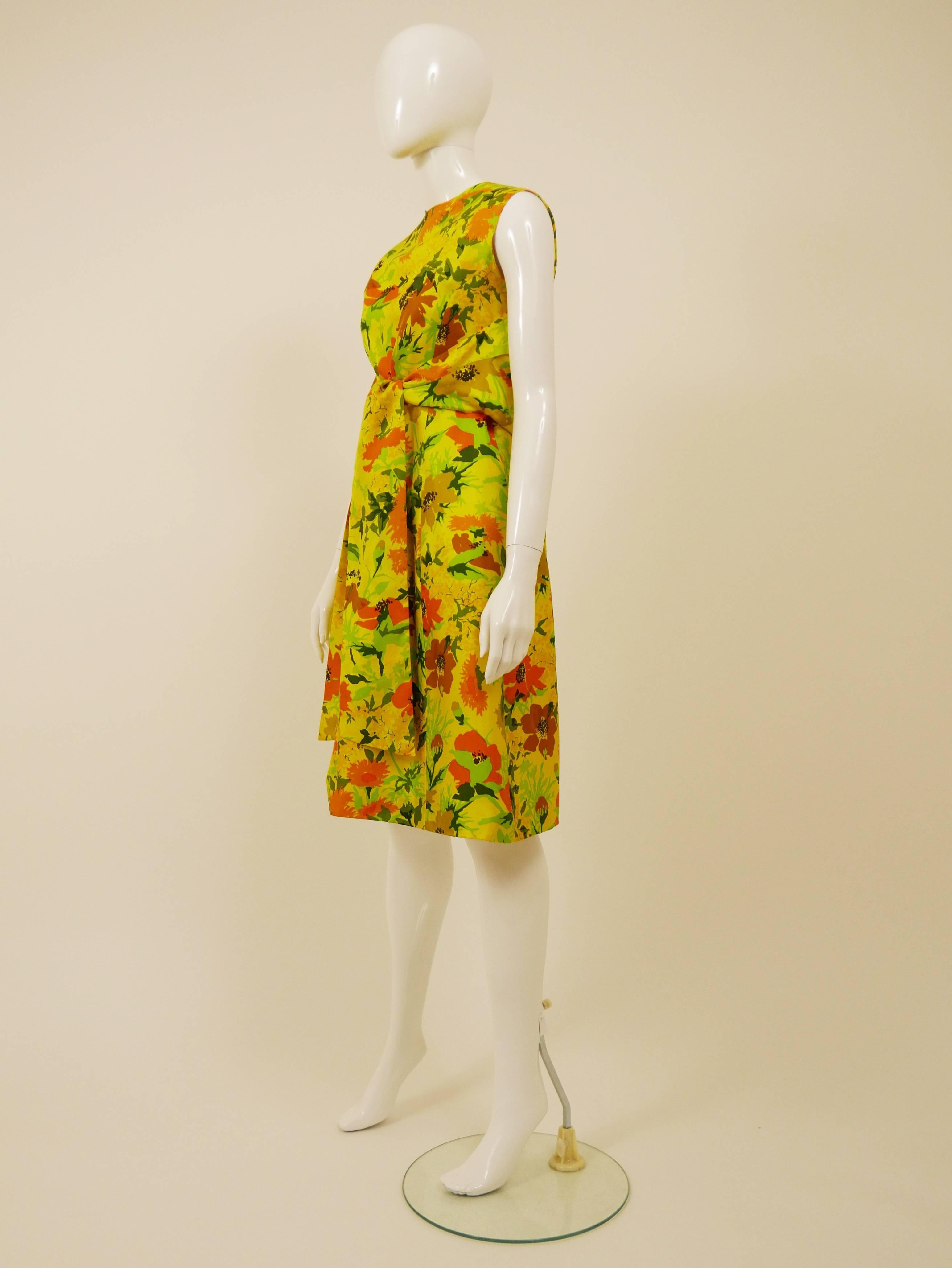 Orange 1960s Italian Couture Floral Print Silk Cocktail Dress 