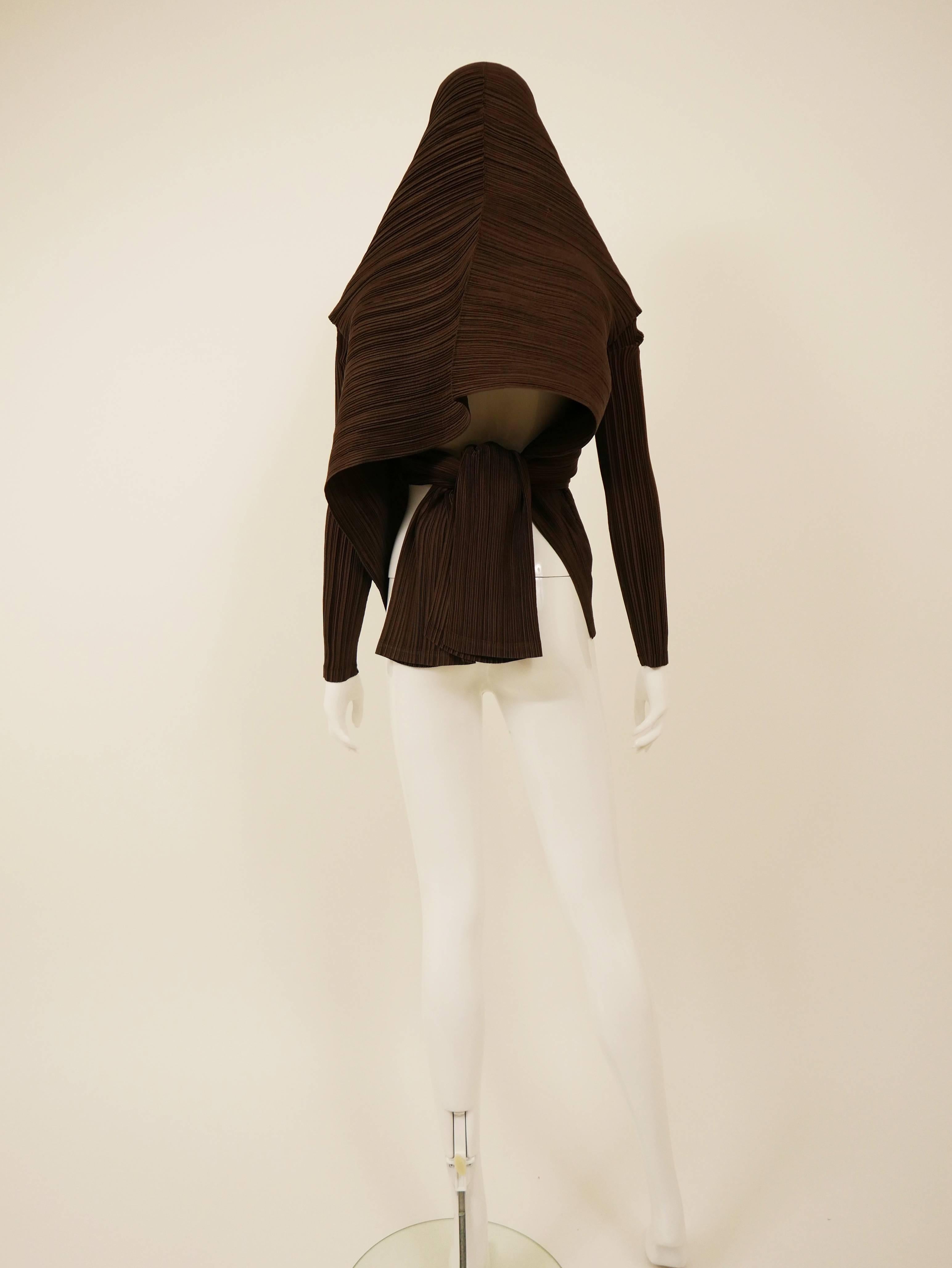 Black 1980s ISSEY MIYAKE Brown Sash Collar Pleateds Blouse Jacket