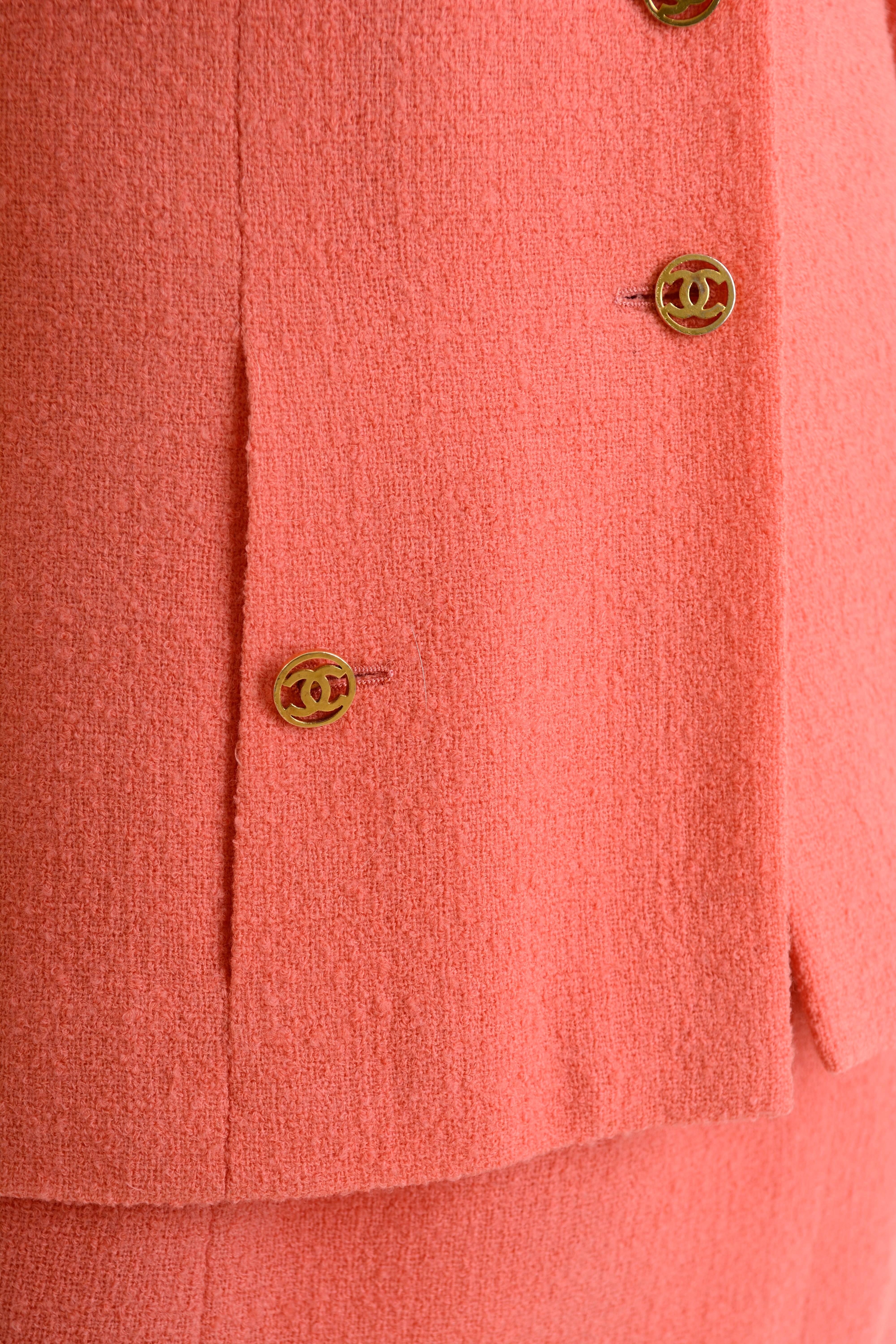 1990s CHANEL Coral Pink Boucle Suit Dress 1