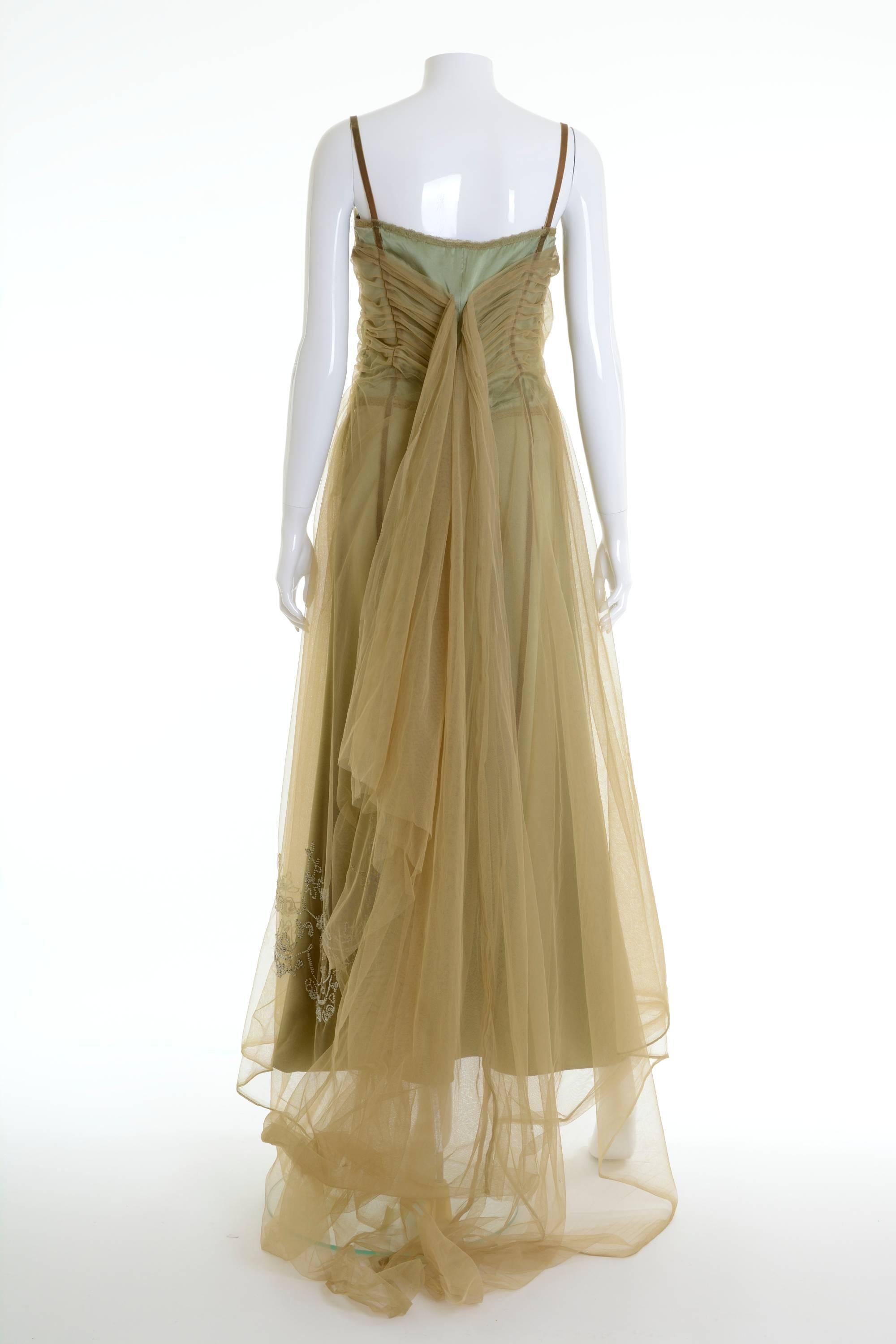 Brown Haute Couture Pastel Green Long Evening Dress For Sale