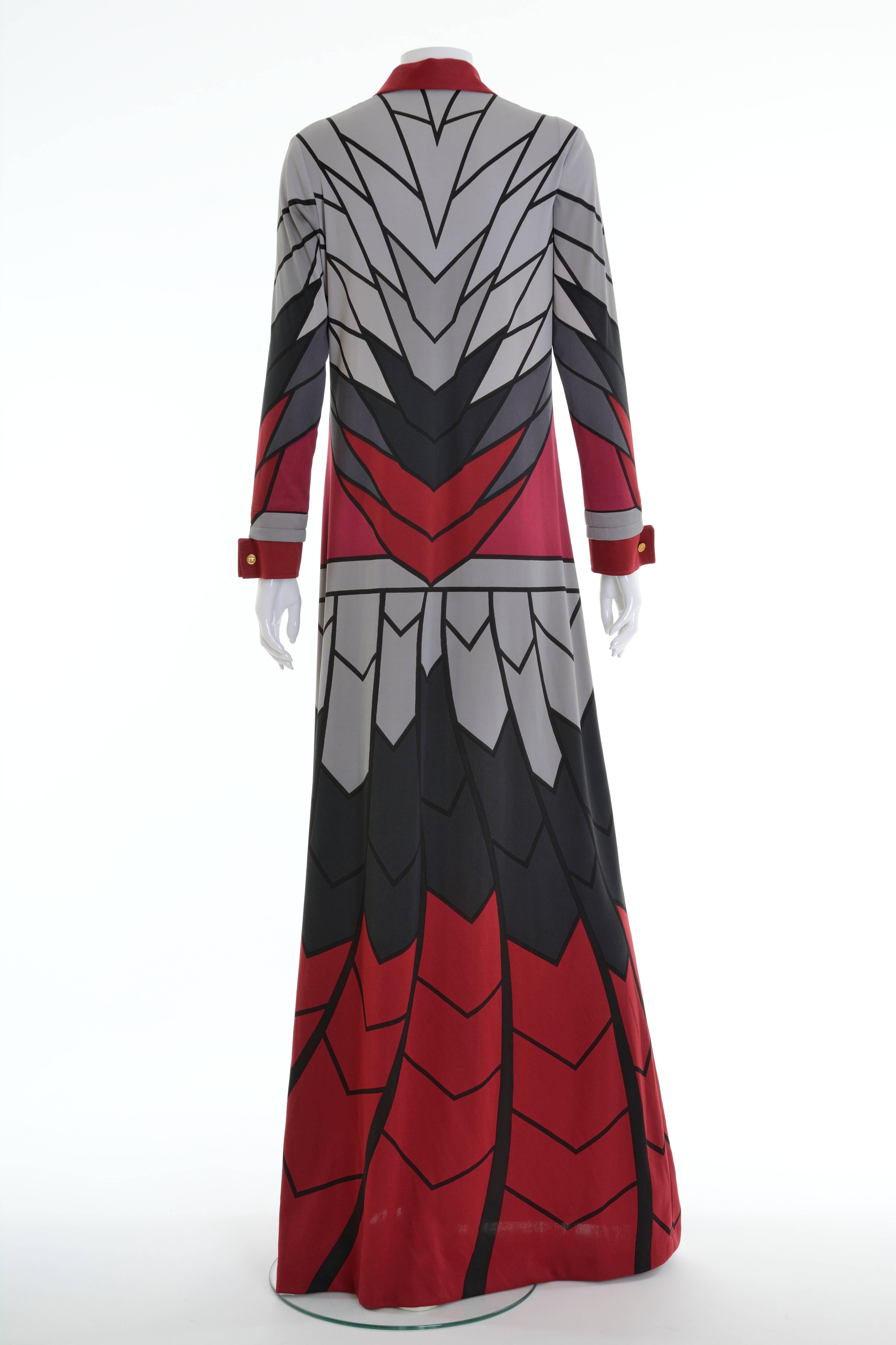This fabulous 1970s Roberta di Camerino jersey long dress has a great print in dark red and gray colors. She is known for these illustrated designs, Trompe L'Oeil style , that "turn simple pieces into funny and realistically surreal