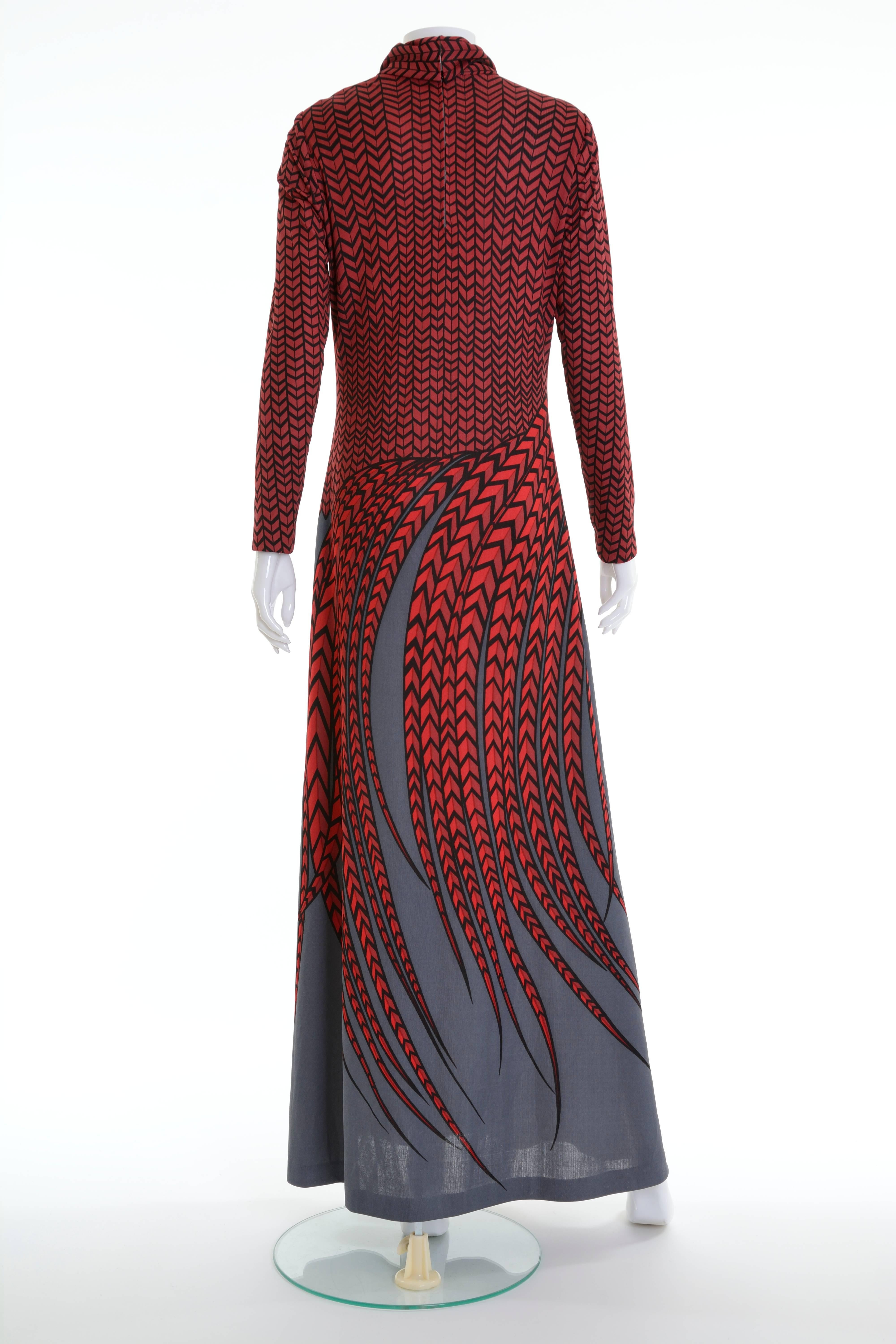 This fabulous 1970s Roberta di Camerino jersey long dress has a great print in dark red and gray colors. She is known for these illustrated designs, Trompe L'Oeil style , that "turn simple pieces into funny and realistically surreal