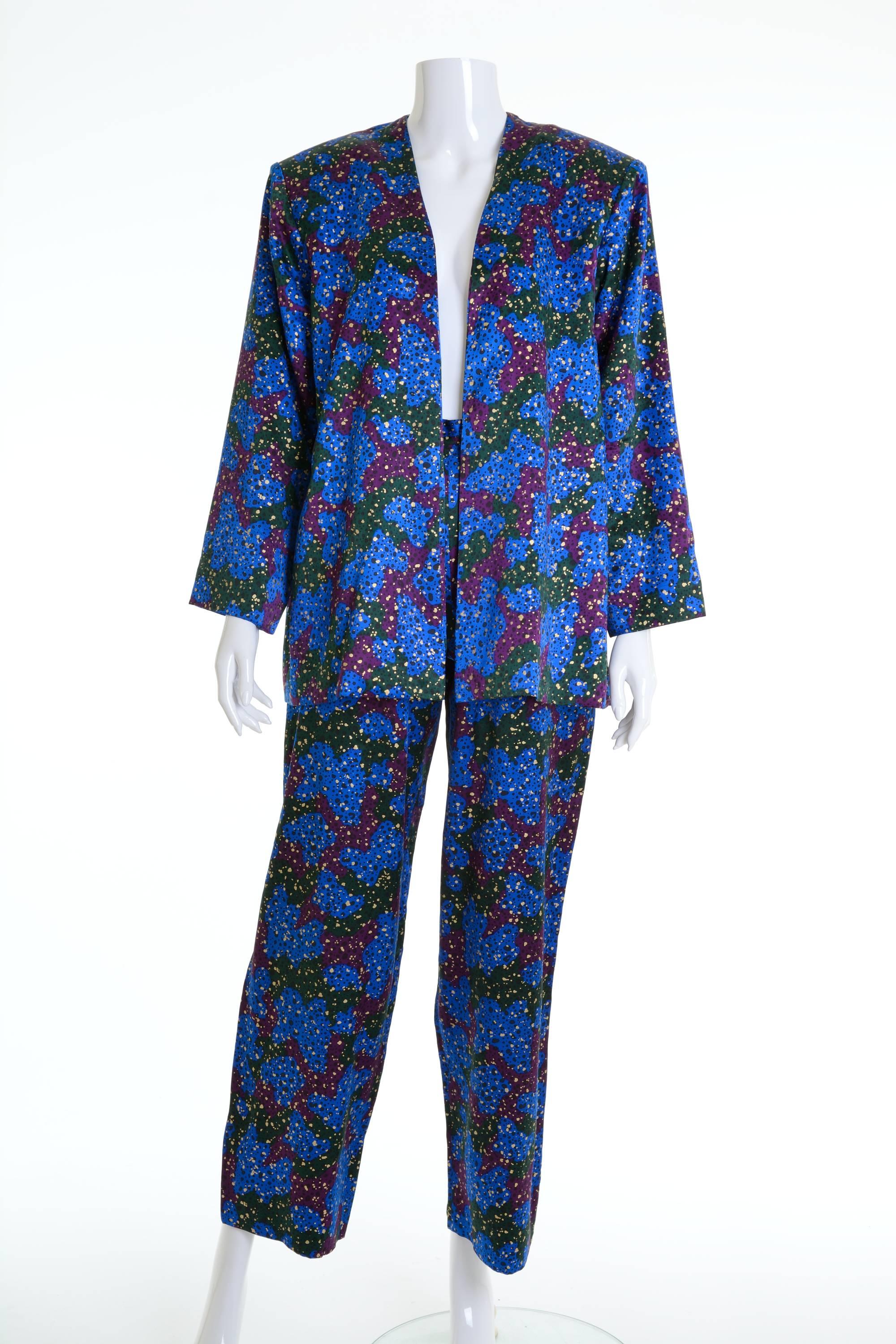 Purple 1980s SAINT LAURENT Rive Gauche Spotted Silk Pants Suit