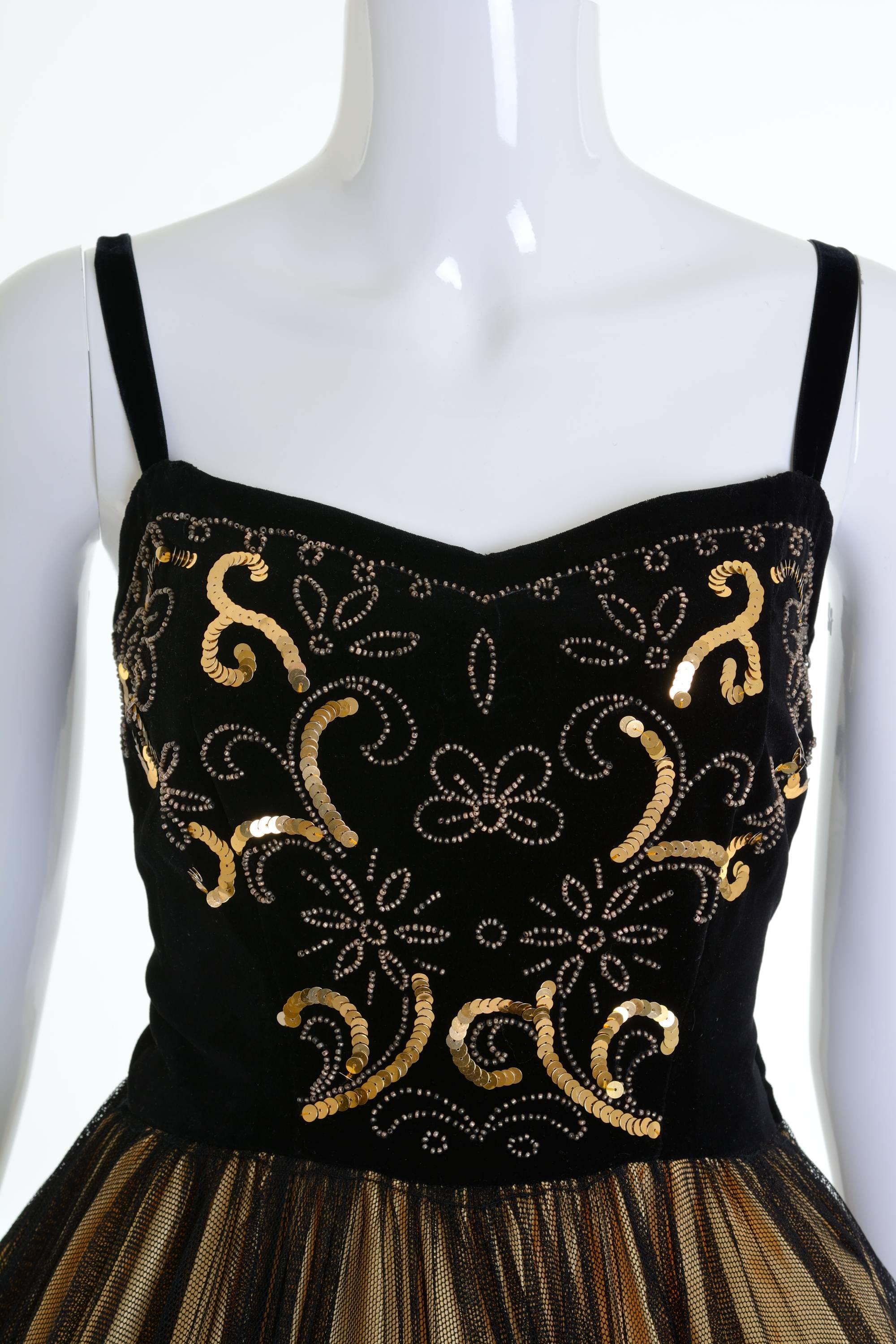 Women's 1950s Vintage Black and Gold Embroidered Cocktail Dress