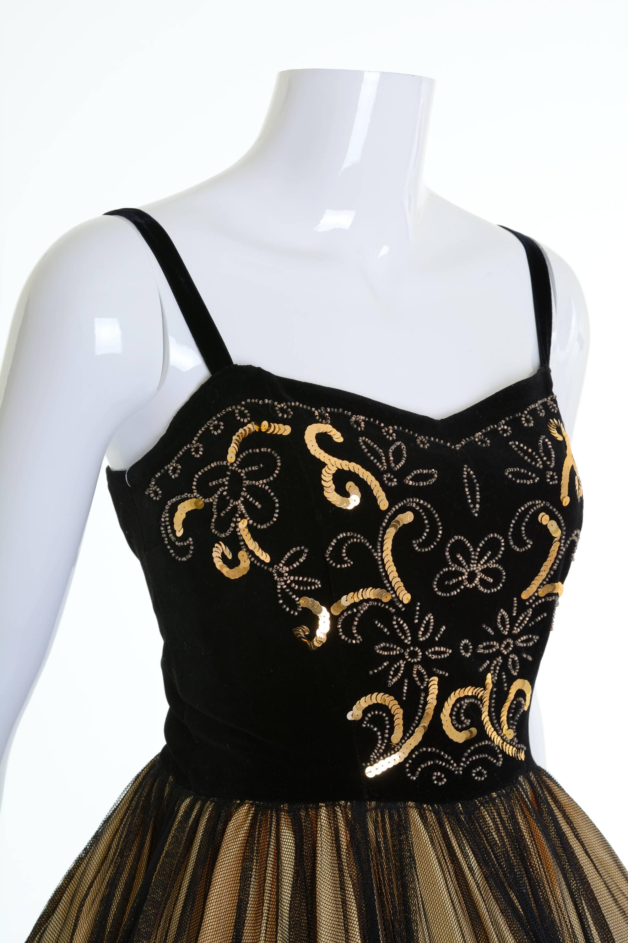 1950s Vintage Black and Gold Embroidered Cocktail Dress 1
