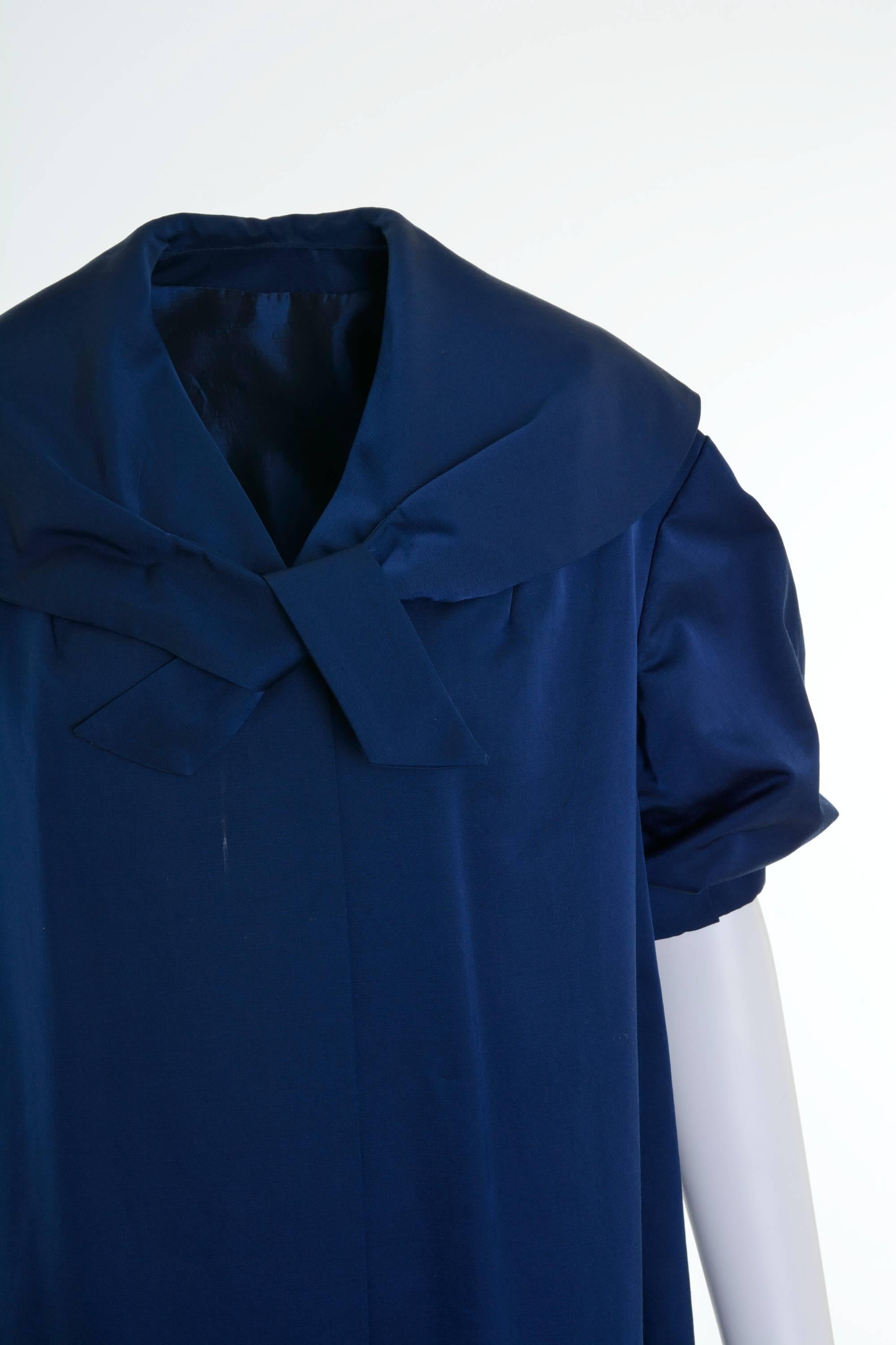 Black 1950s Vintage Blue Satin Evening Overcoat  For Sale
