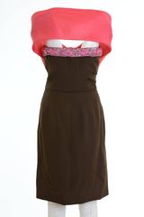 1980s Vintage Brown Silk Embroidered Cocktail Party Dress