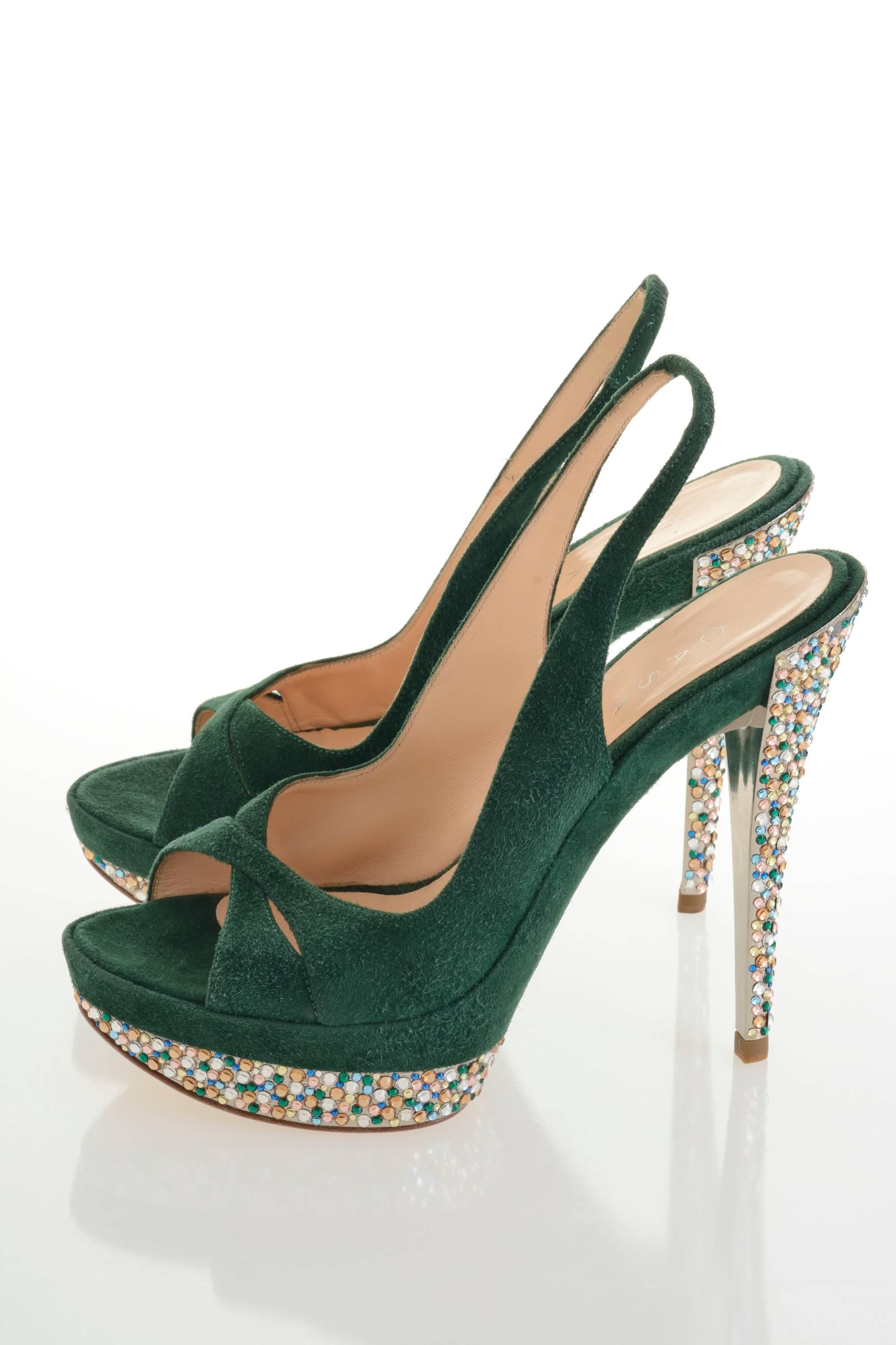 CASADEI Green Suede Open-Toe Platform Slingback Heels w/ Swarovski Crystals In Good Condition In Milan, Italy