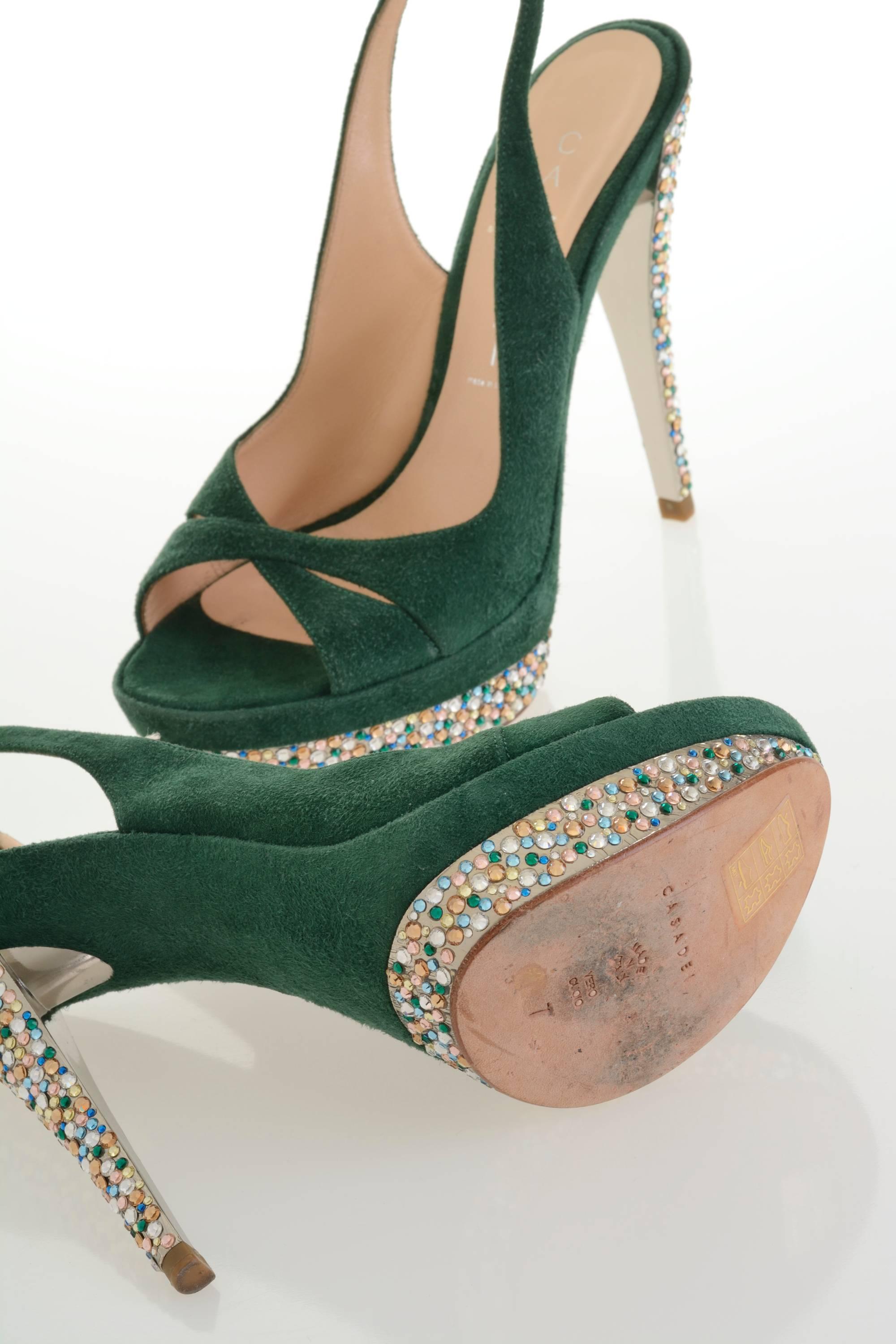 Women's CASADEI Green Suede Open-Toe Platform Slingback Heels w/ Swarovski Crystals