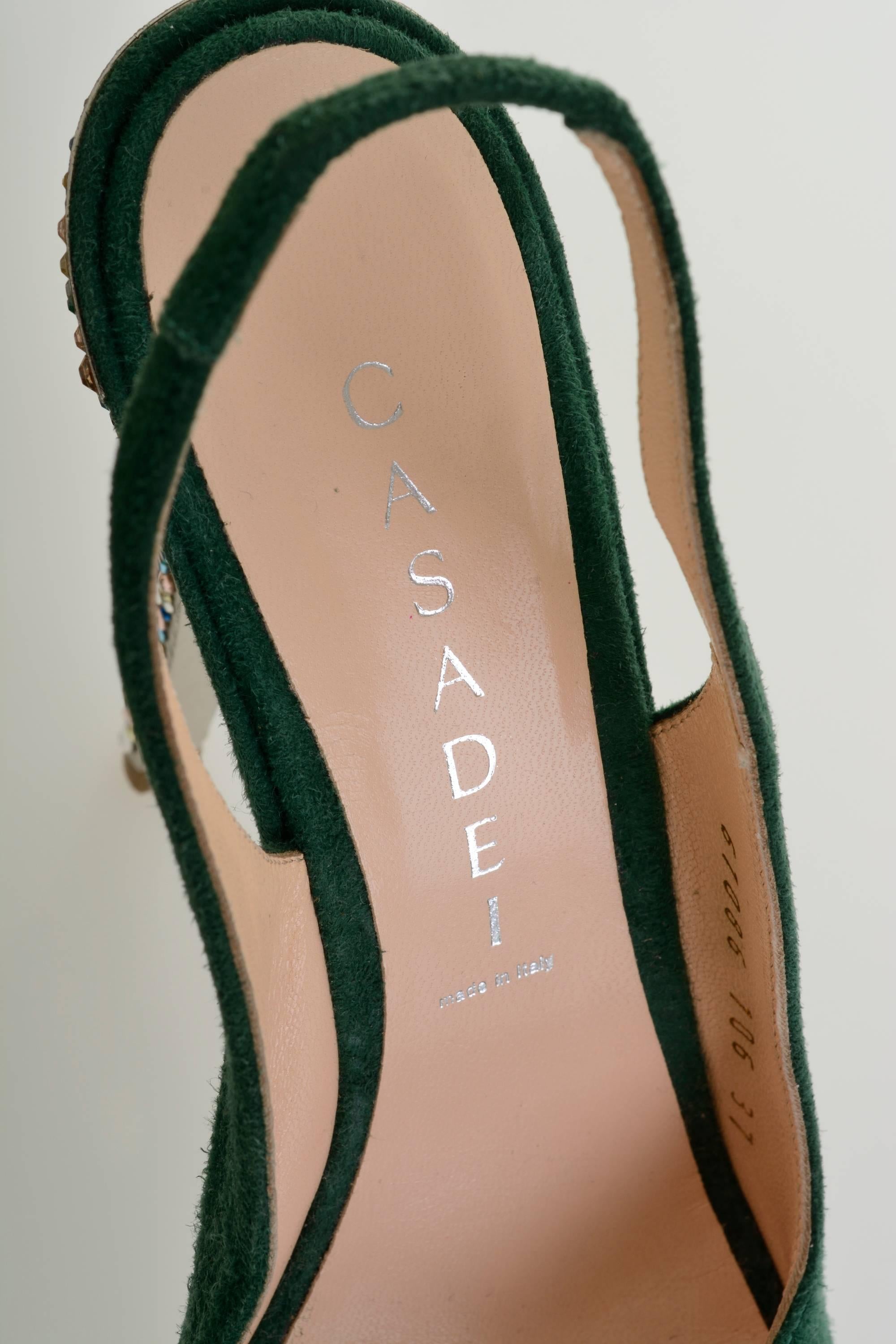 CASADEI Green Suede Open-Toe Platform Slingback Heels w/ Swarovski Crystals 1