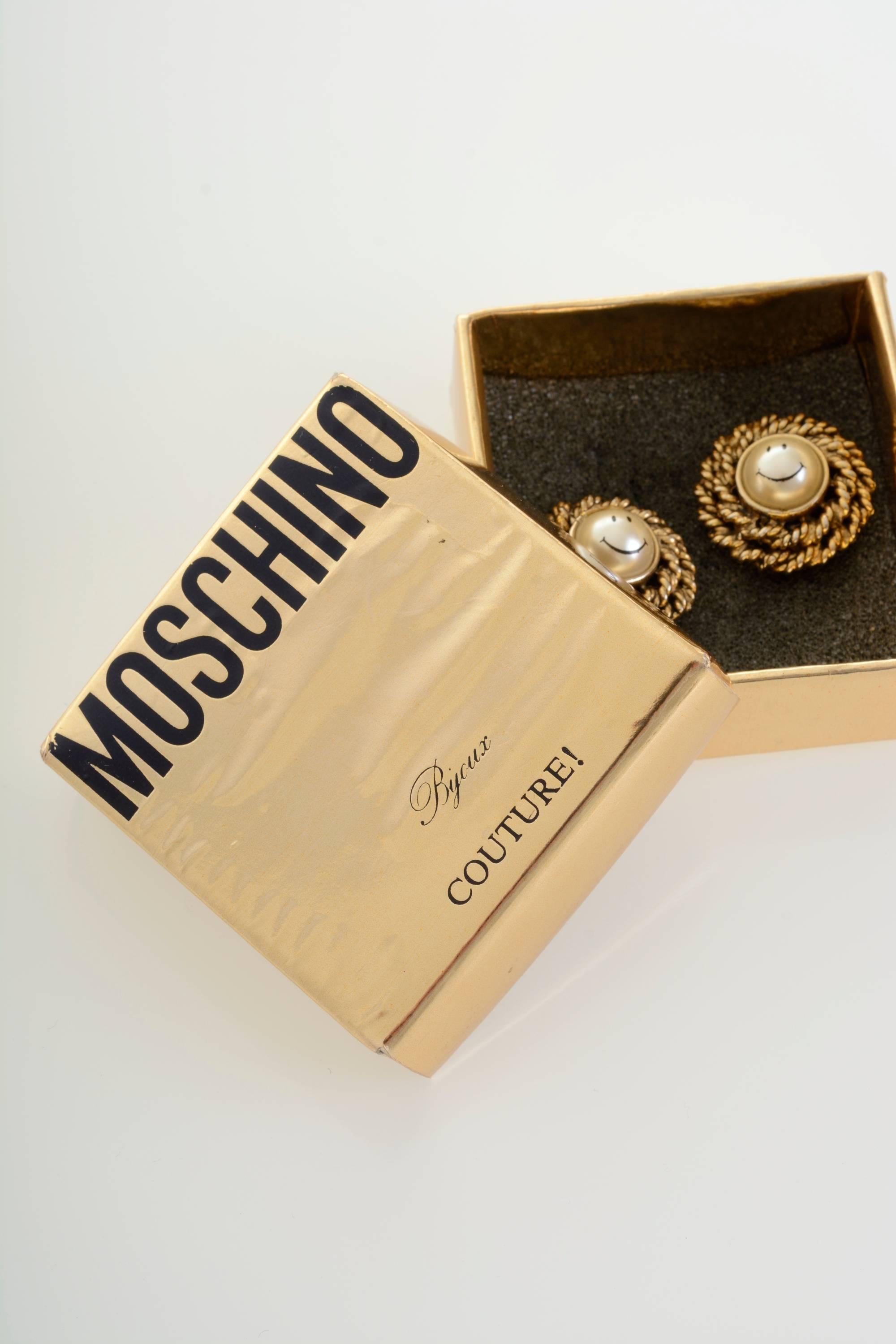 Women's 1990s MOSCHINO Gold Tone Smile Earrings w/Box