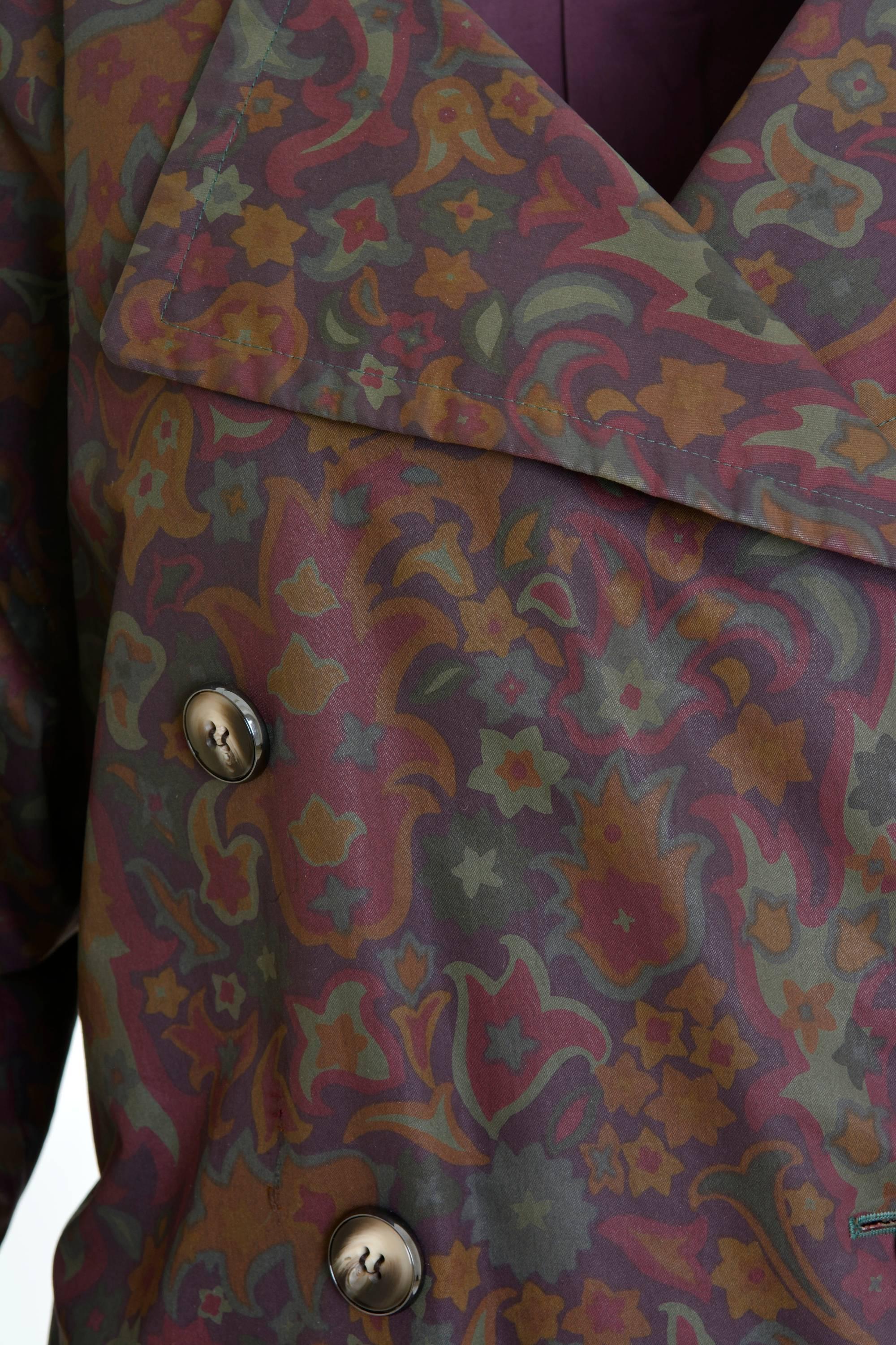 Women's 1980s YVES SAINT LAURENT Purple and Green Floral Print Trench Coat For Sale