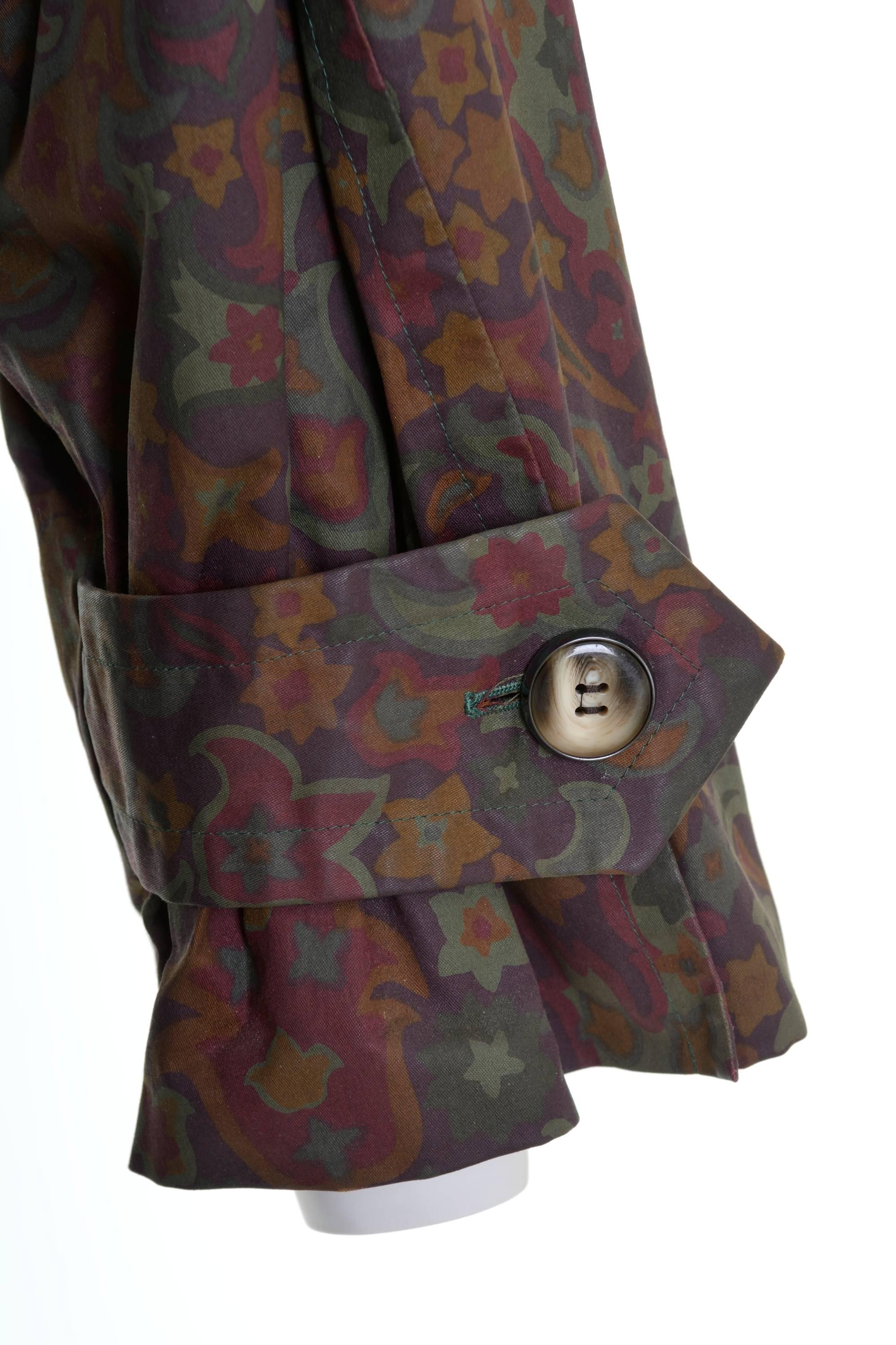 1980s YVES SAINT LAURENT Purple and Green Floral Print Trench Coat For Sale 1