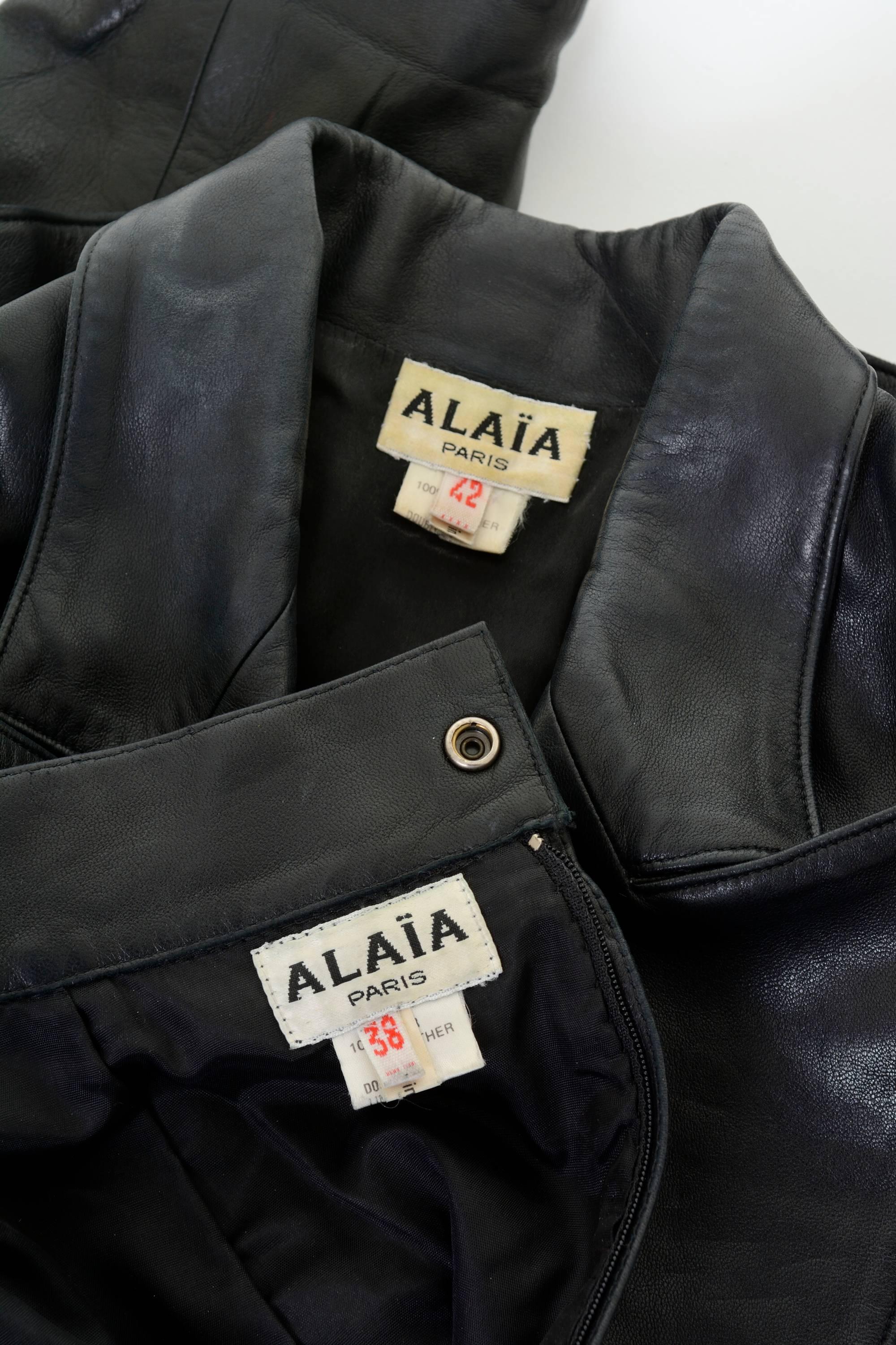 1990s Alaïa Black Leather Jacket & Skirt For Sale 1