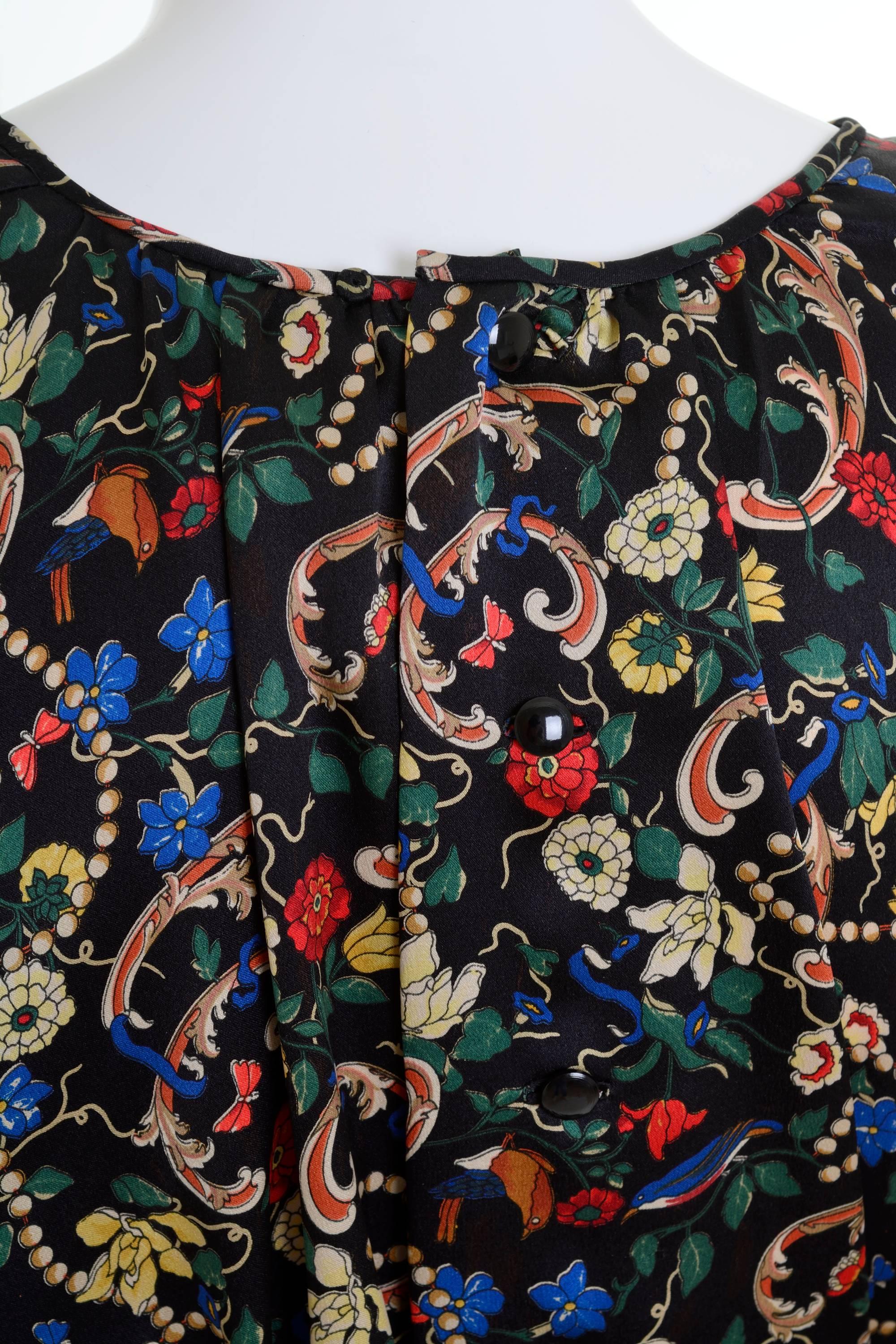 Black 1980s MILA SCHÖN Floral Print Fabric Silk Blouse 