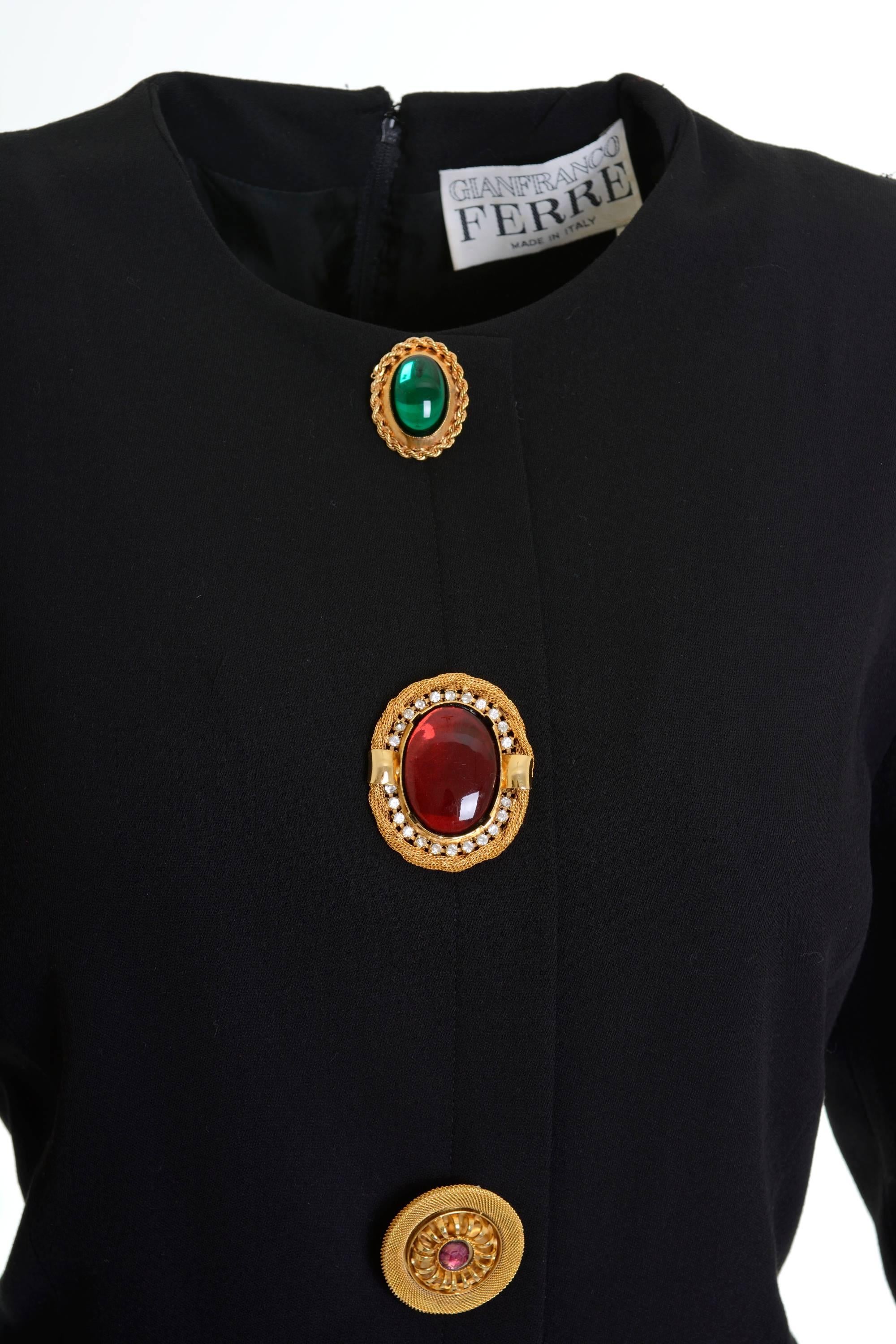 1990s Gianfranco Ferrè Black Wool Decorative Buttons Dress In Good Condition For Sale In Milan, Italy