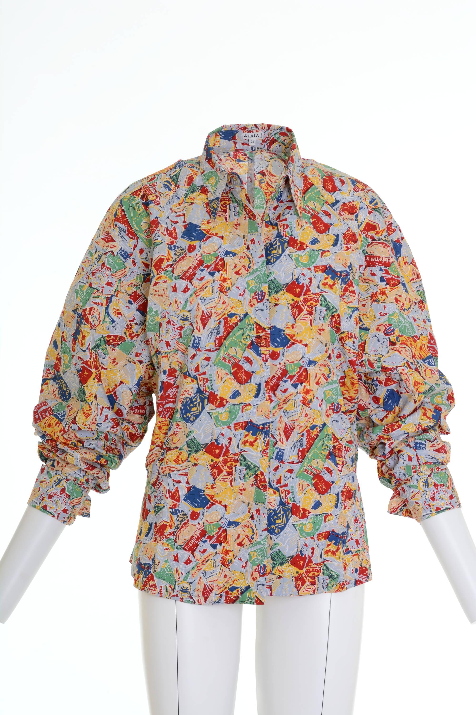1980s Alaïa Abstract Print Cotton Oversize Shirt In Excellent Condition For Sale In Milan, Italy