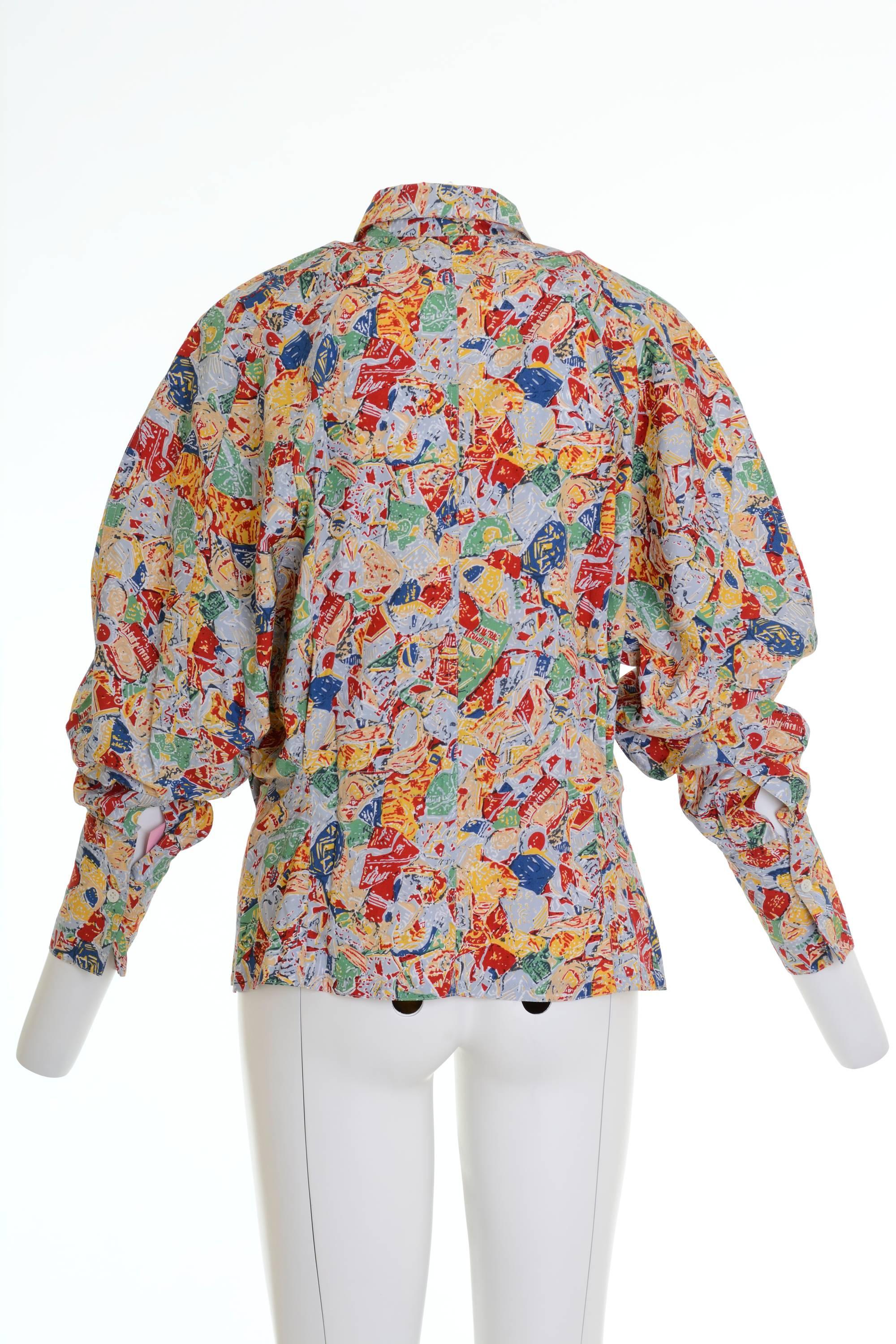 This rare and amazing 1980s Azzedine Alana shirt is in a colorful abstract print cotton fabric. It has oversize line, large cuff sleeves, hidden buttons closure and inside grosgrain waistband.

Excellent vintage condition

Label: Alaïa-Paris (I