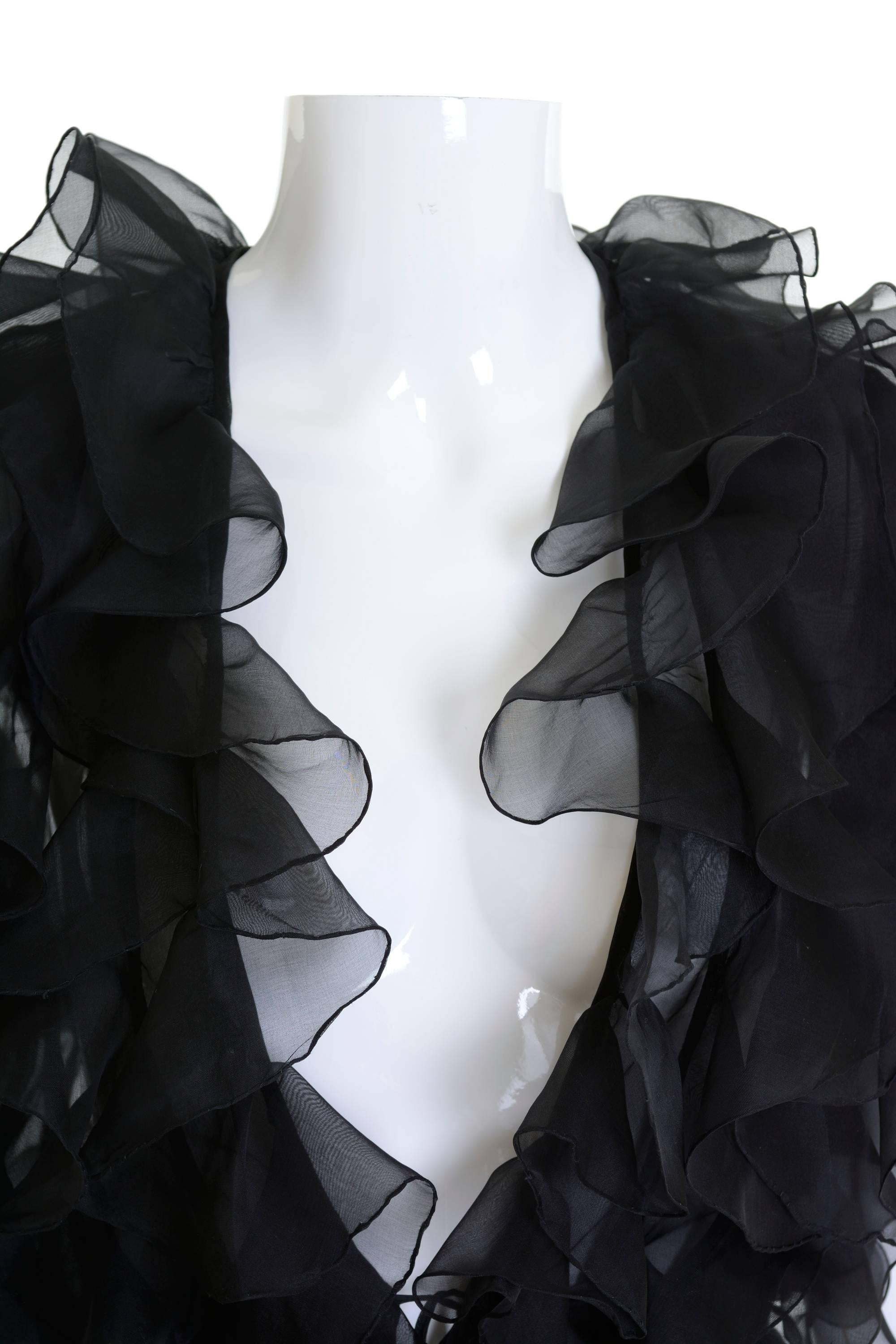 1980s VALENTINO BOUTIQUE Black Flounce Silk Blouse In Excellent Condition In Milan, Italy