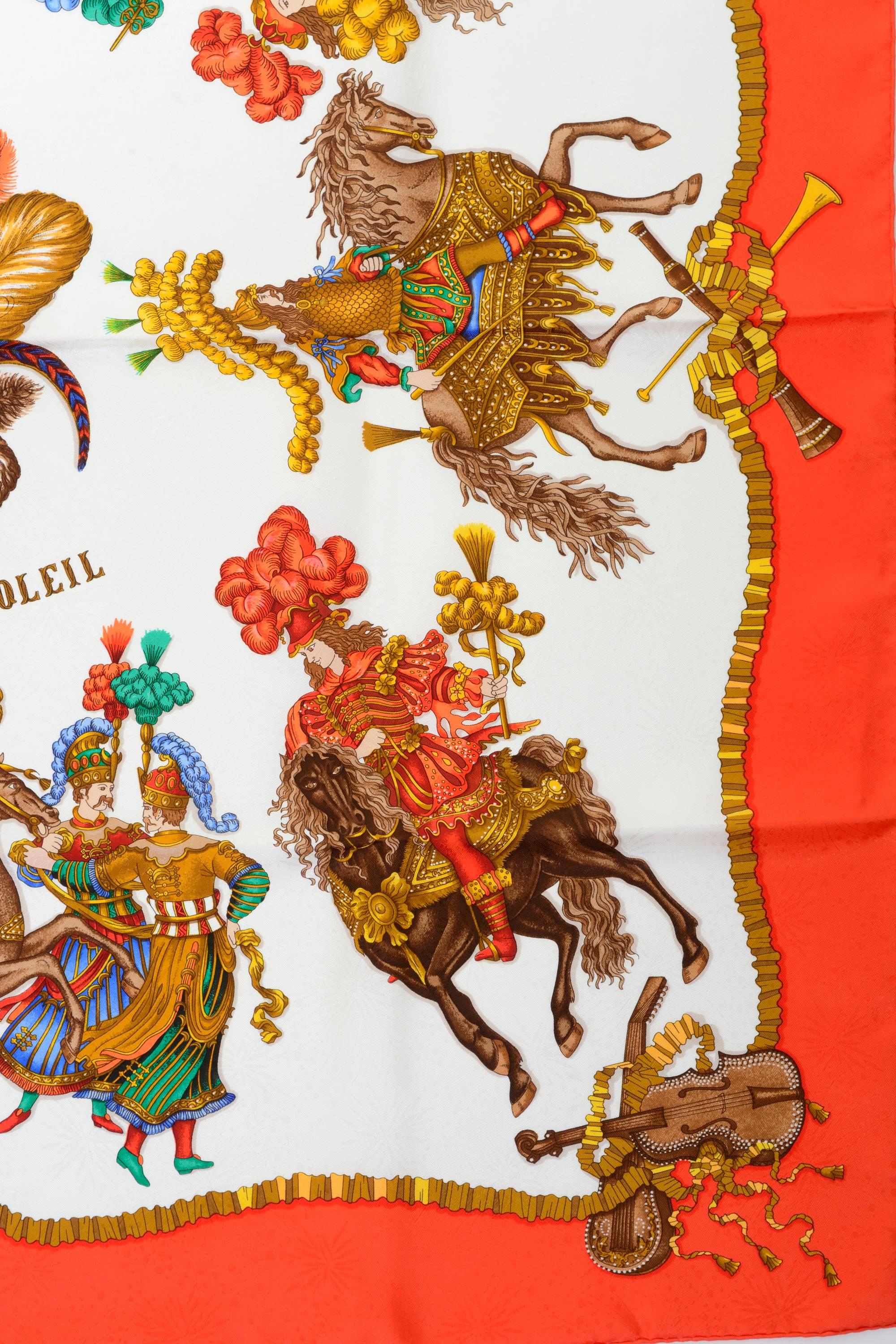 Women's or Men's 1990s New Authentic HERMES LES FETES DU ROI SOLEIL Silk Scarf with Box