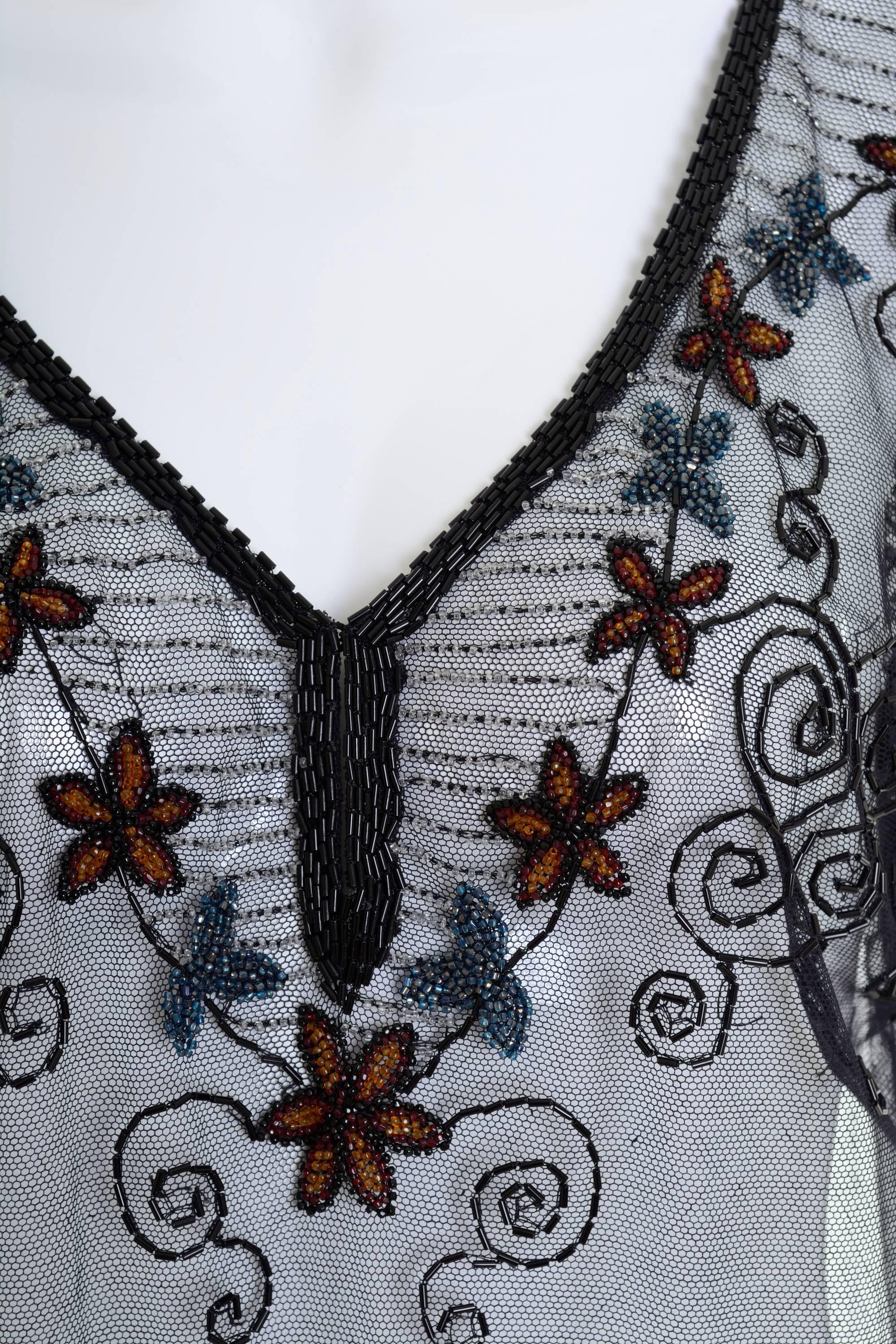 1920s Black Sheer Beadeds Embroidered Blouse Shirt  In Excellent Condition For Sale In Milan, Italy
