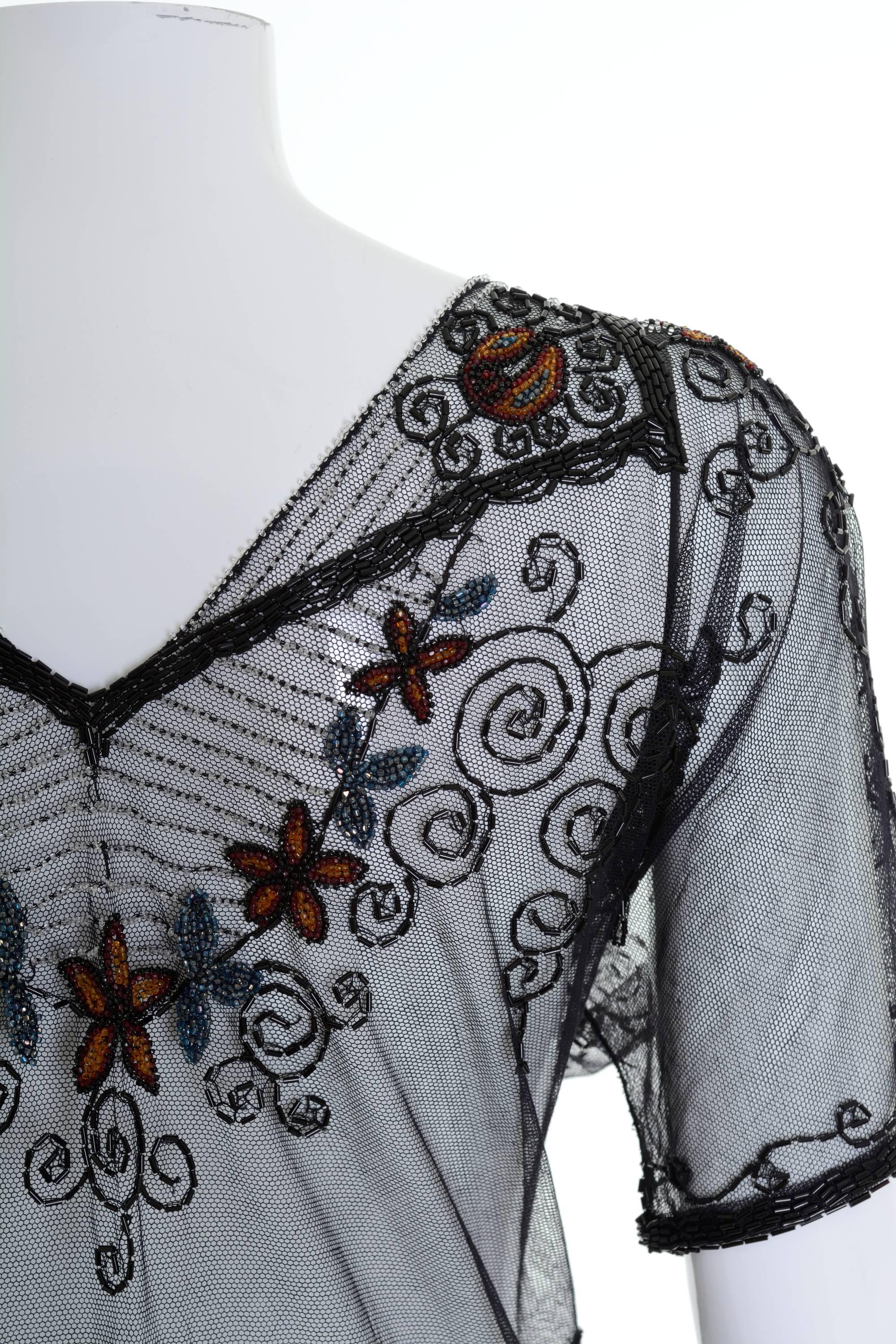 1920s Black Sheer Beadeds Embroidered Blouse Shirt  For Sale 2