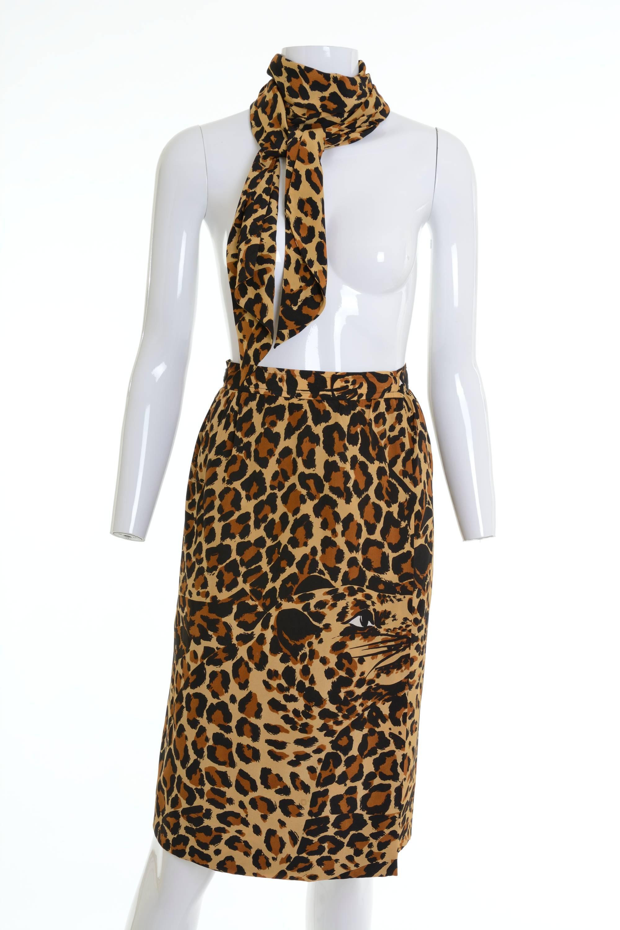 Brown 1980s YVES SAINT LAURENT Rive Gauche Leopard Print Silk Skirt with Sash