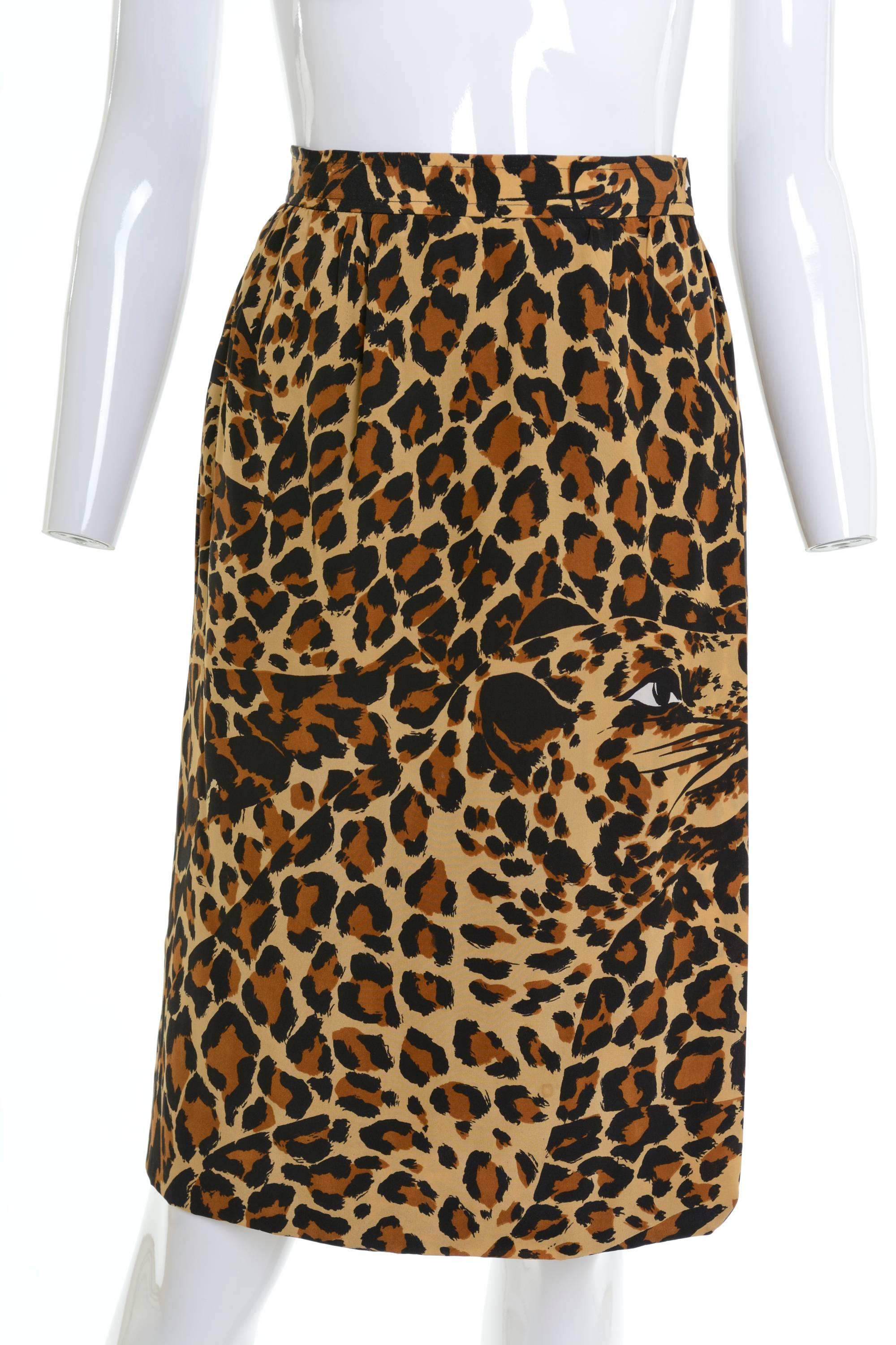 1980s YVES SAINT LAURENT Rive Gauche Leopard Print Silk Skirt with Sash In Excellent Condition In Milan, Italy