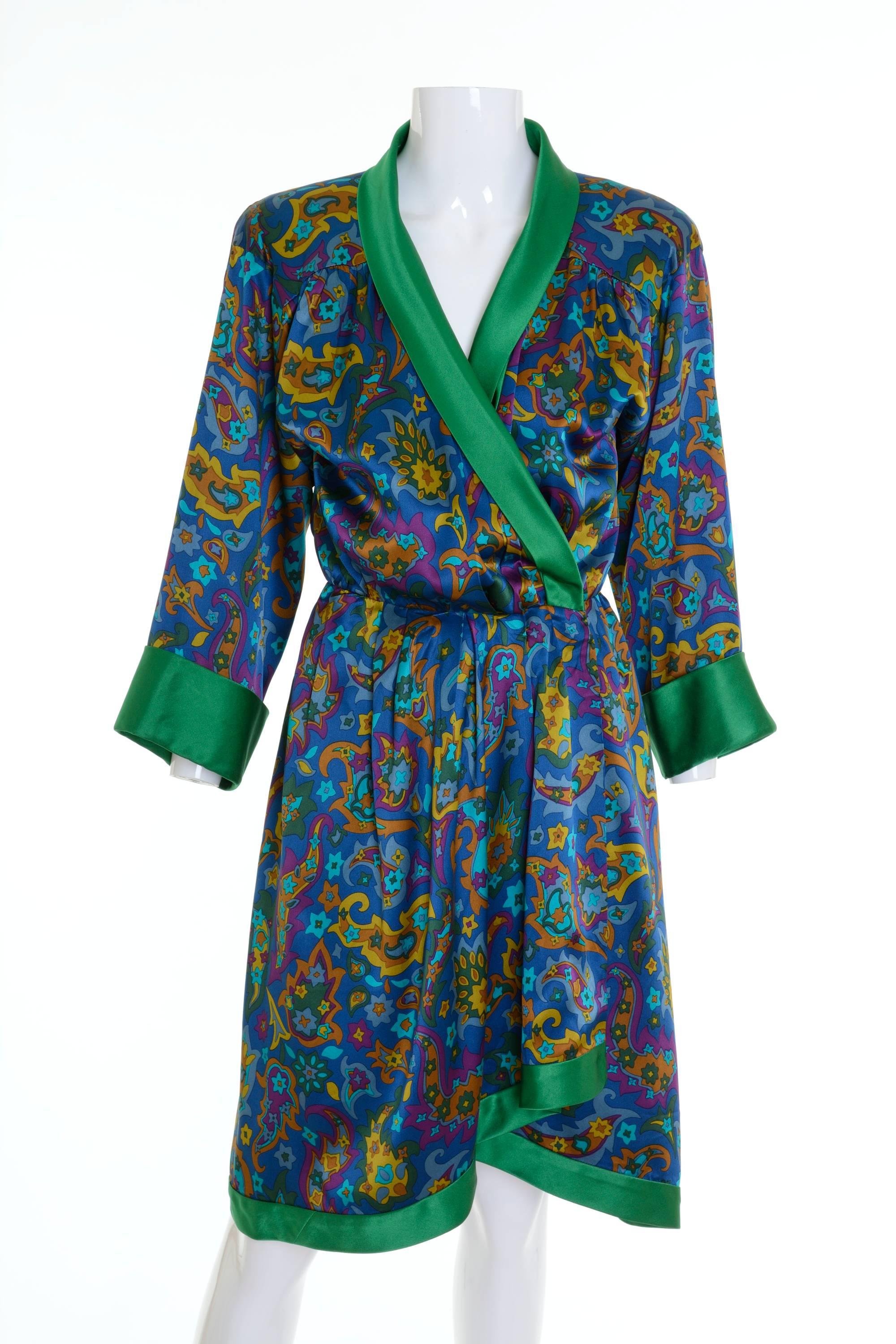 Blue 1980s YVES SAINT LAURENT Rive Gauche Arabesque Print Silk Wrap Robe Dress