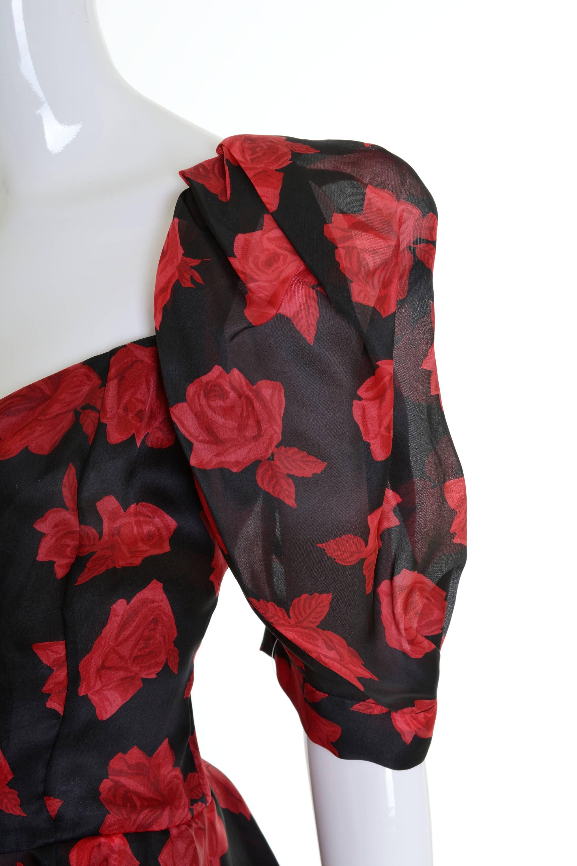 1980s YVES SAINT LAURENT Rive Gauche Black and Red Roses Peplum Shirt In Excellent Condition In Milan, Italy