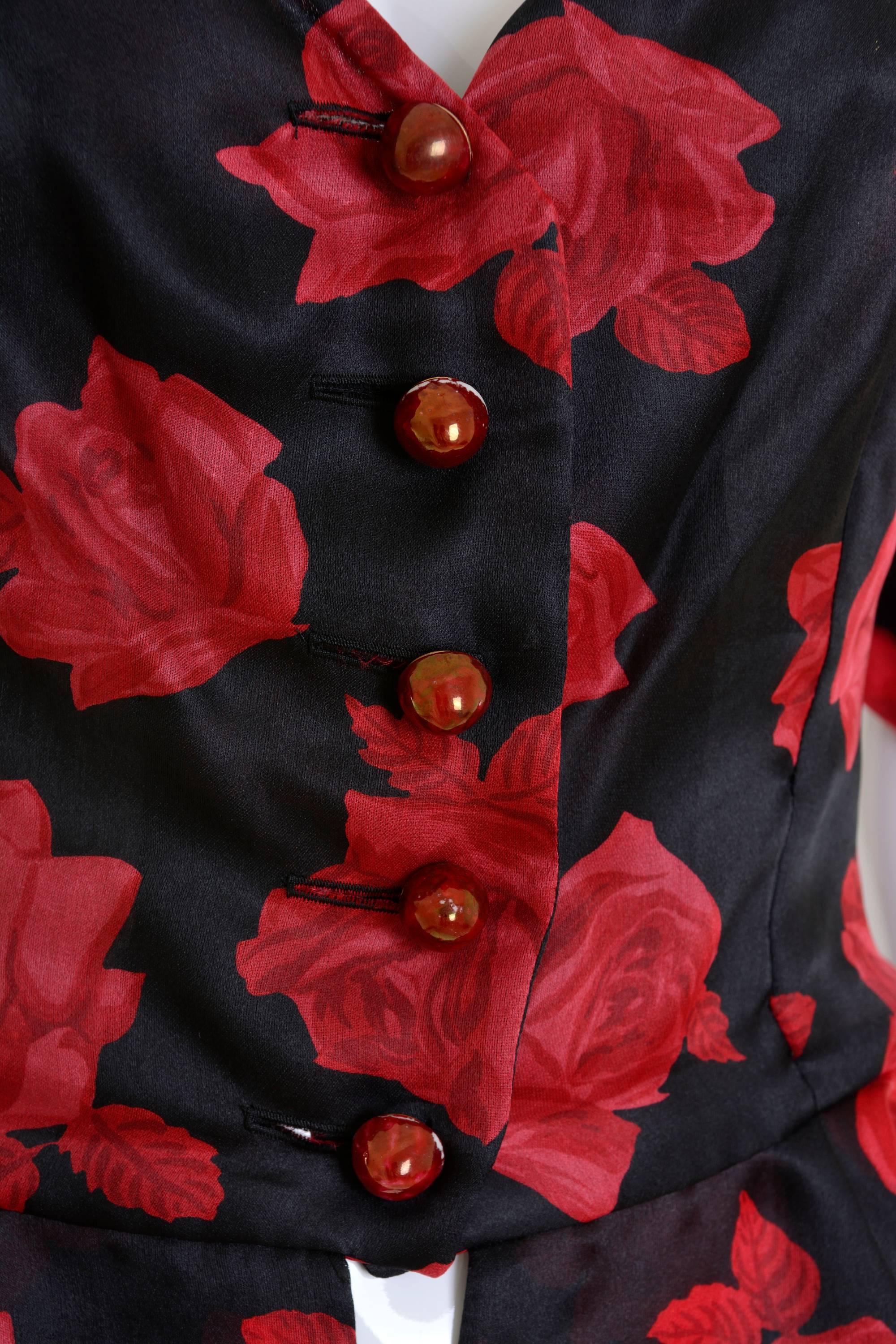 Women's 1980s YVES SAINT LAURENT Rive Gauche Black and Red Roses Peplum Shirt
