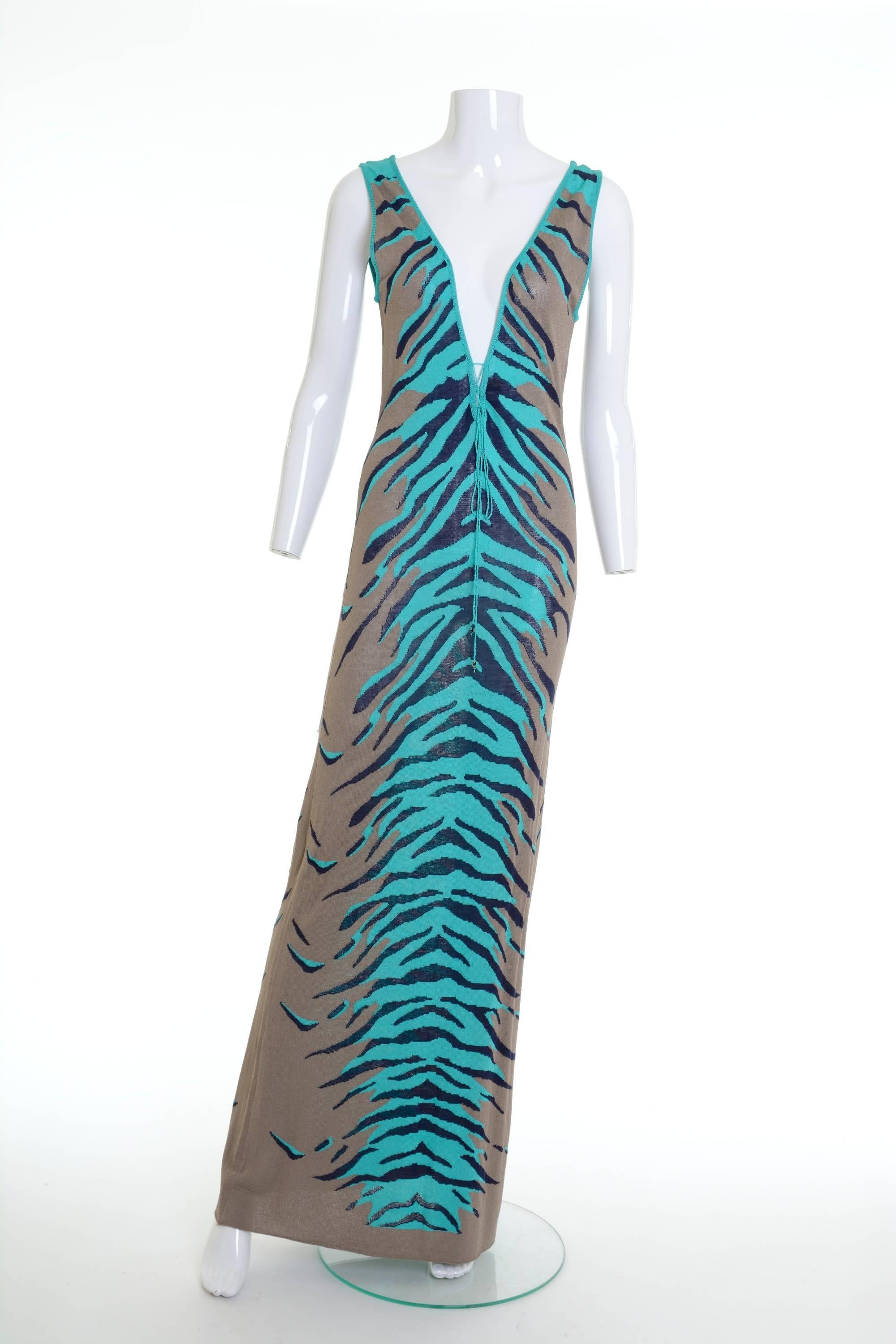 Blue 1980s KRIZIA Knitted Zebra Print Long Dress For Sale