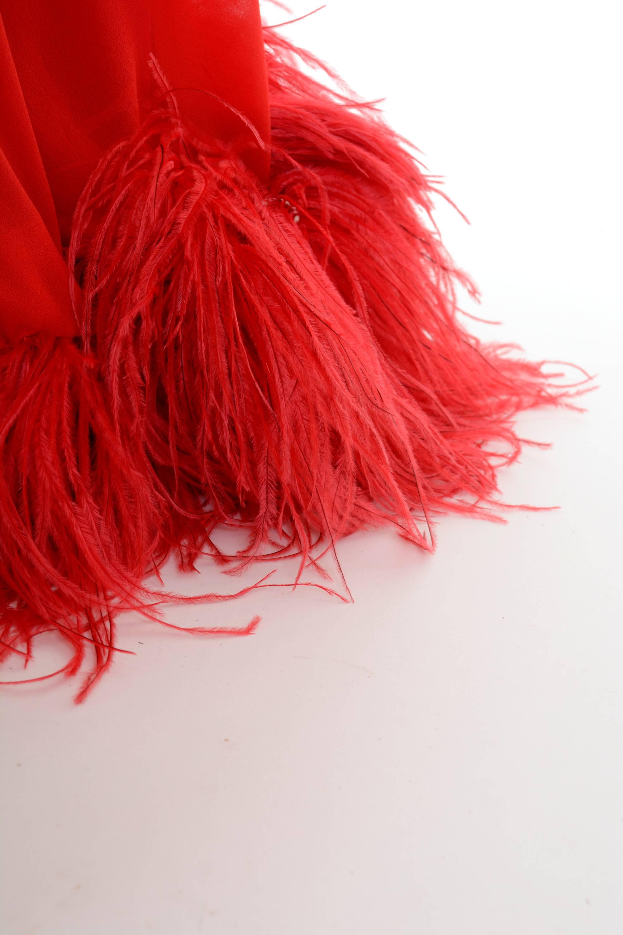 Women's 1970s VALENTINO BOUTIQUE Red Silk One Shoulder Ostrich Feathers Long Dress For Sale