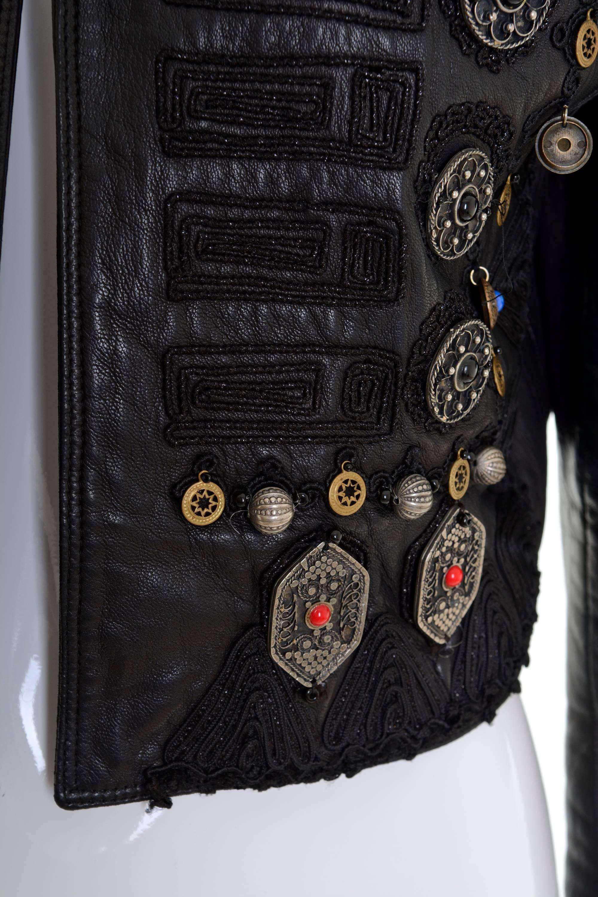 1980s GIANNI VERSACE Leather Metal Embroidery Bolero Jacket In Good Condition In Milan, Italy