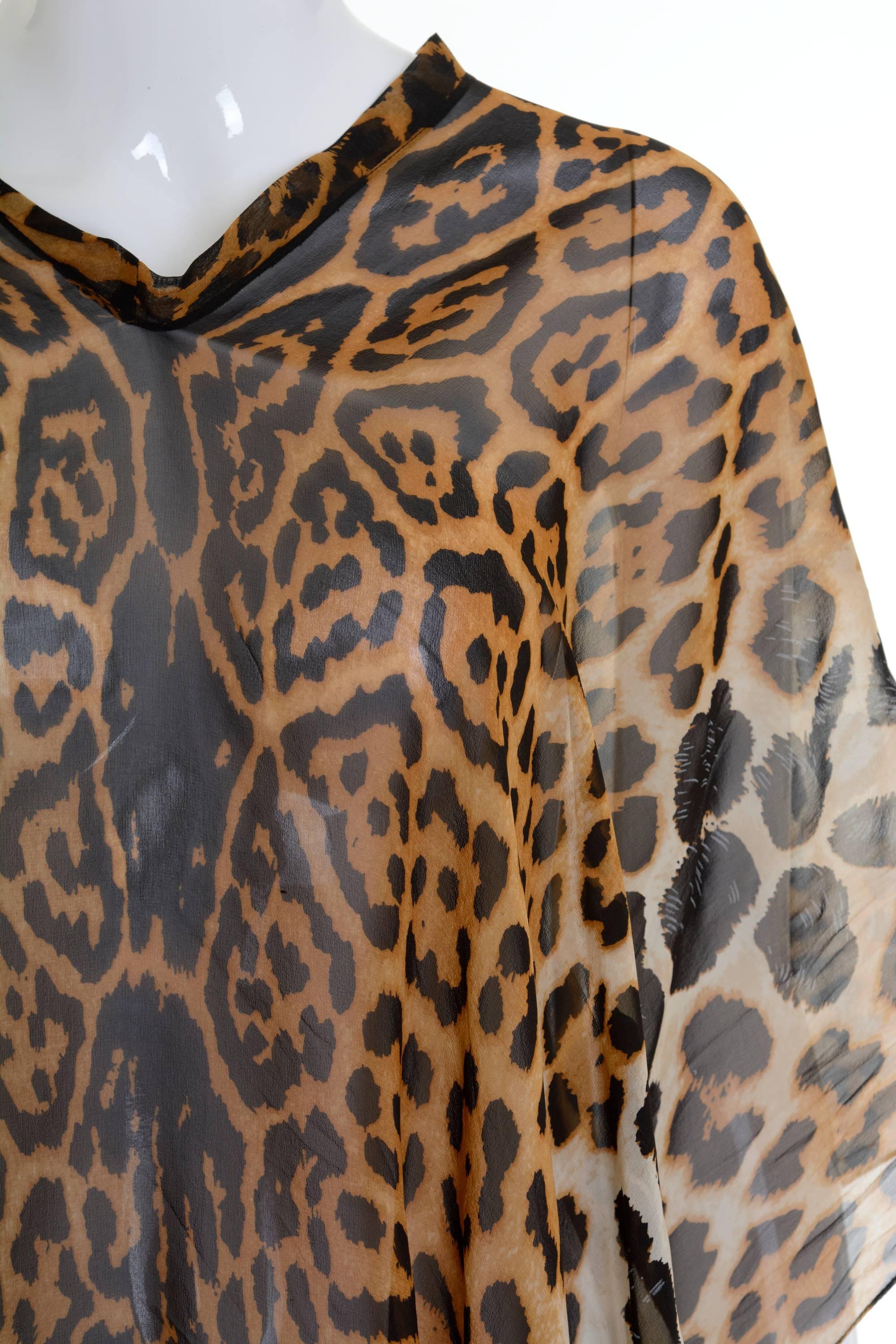 Brown YVES SAINT LAURENT Rive Gauche Sheer Silk Leopard Print Poncho