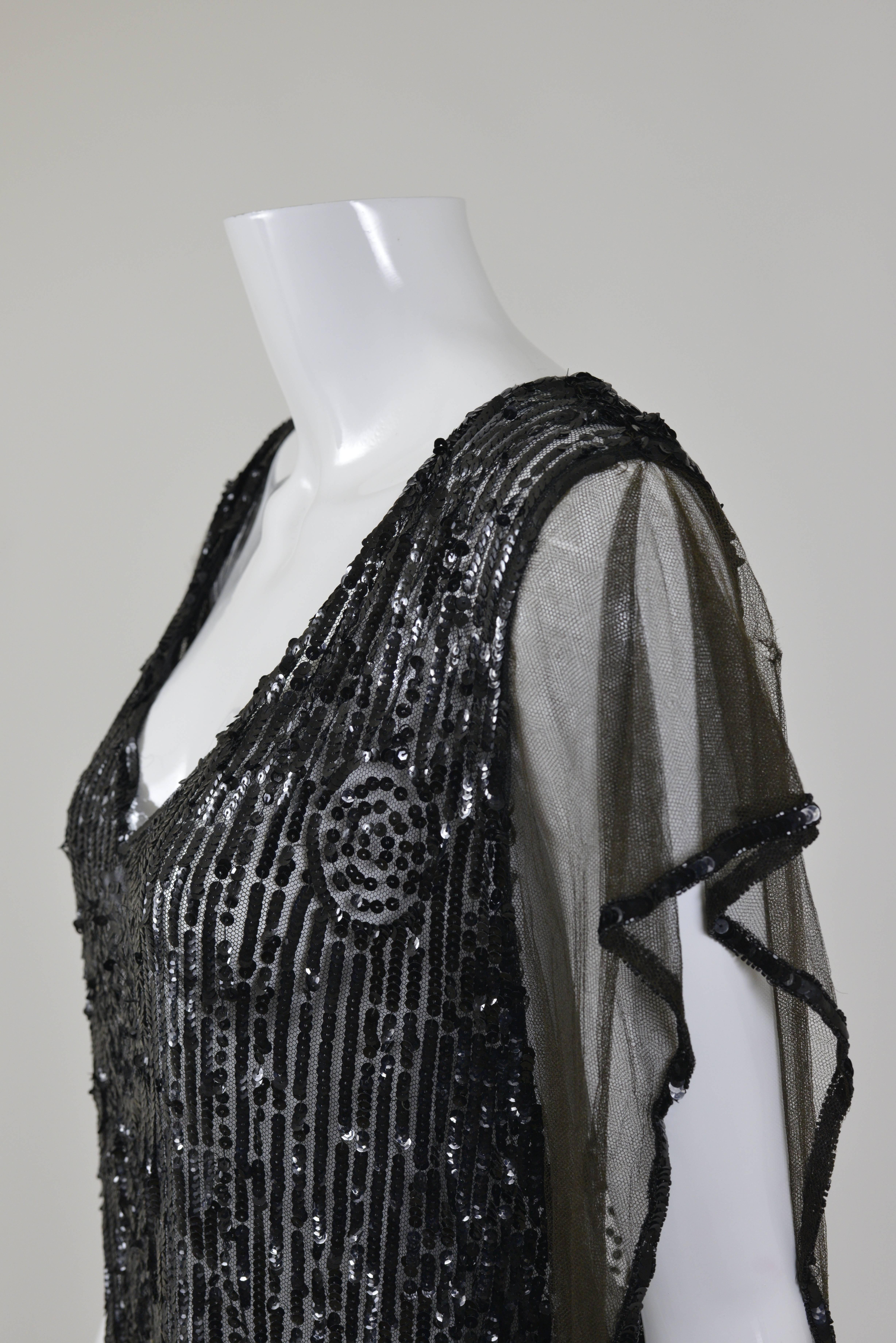 1920s Antique Black Sheer Sequins Embroidered Flapper Dress 2