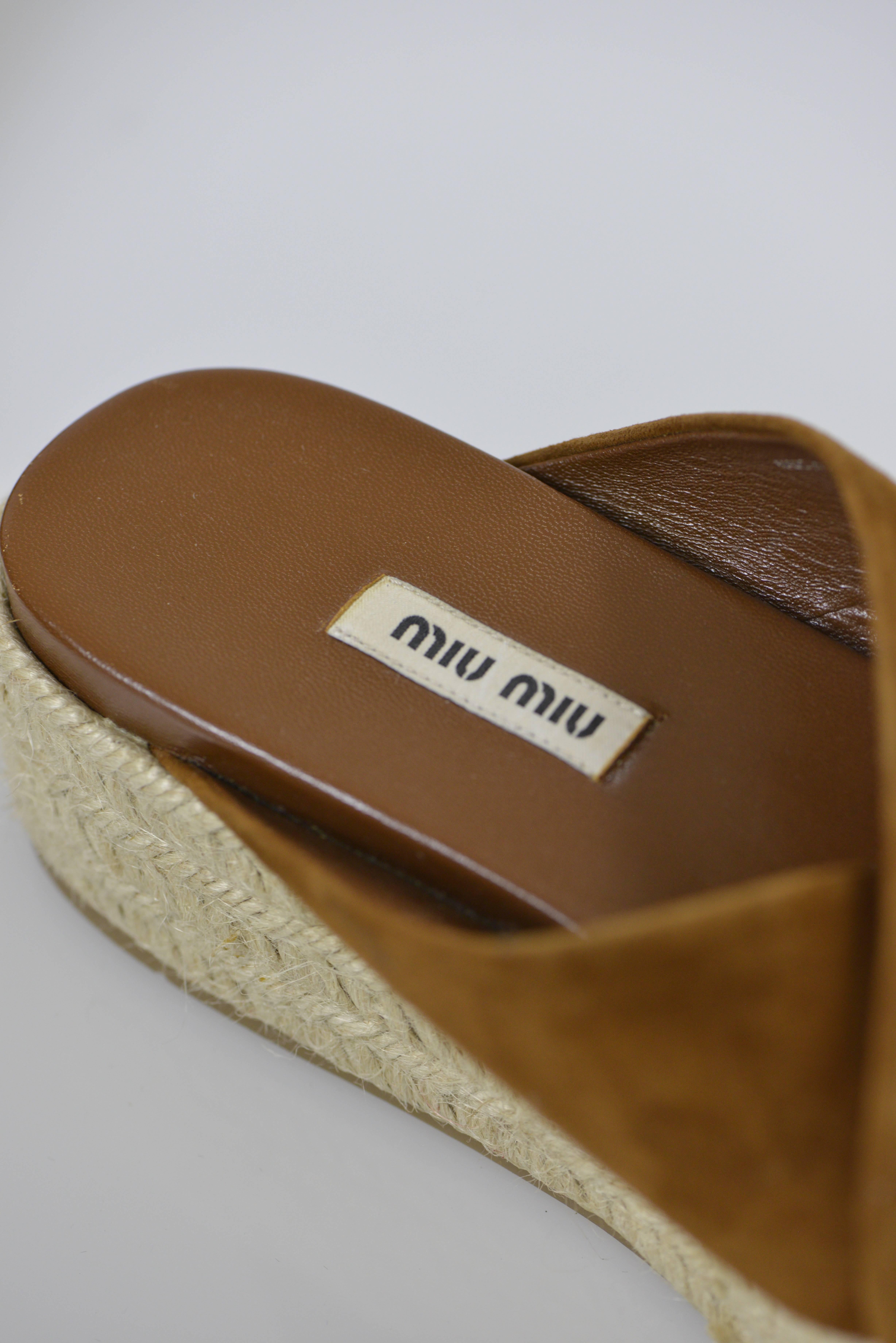 Women's MIU MIU PRADA Brown Suede Leather Espadrille Platform Sandals Mules