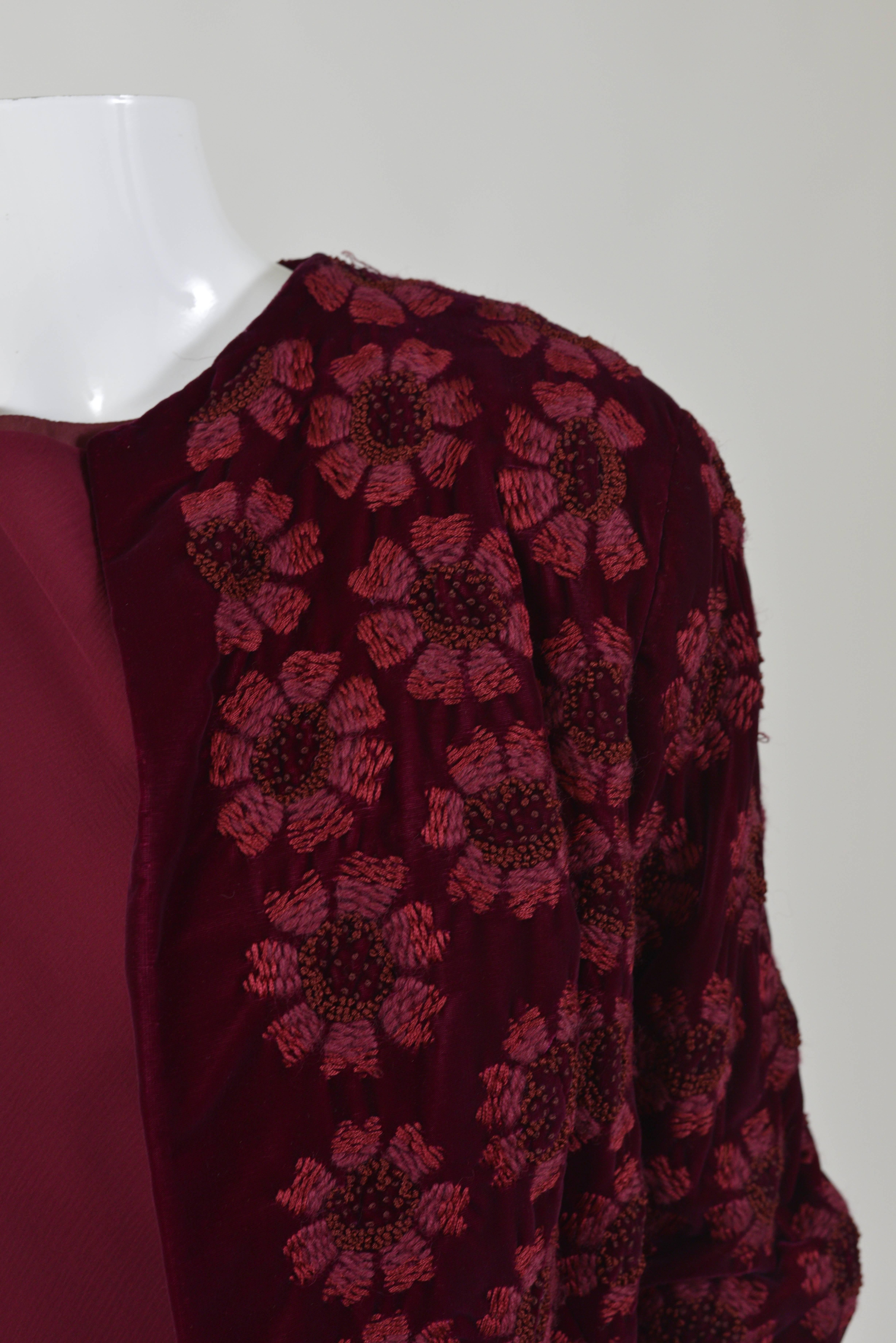 1960s CURIEL Italian Couture Burgundy Velvet Cocktail Dress with Bolero  In Good Condition In Milan, Italy