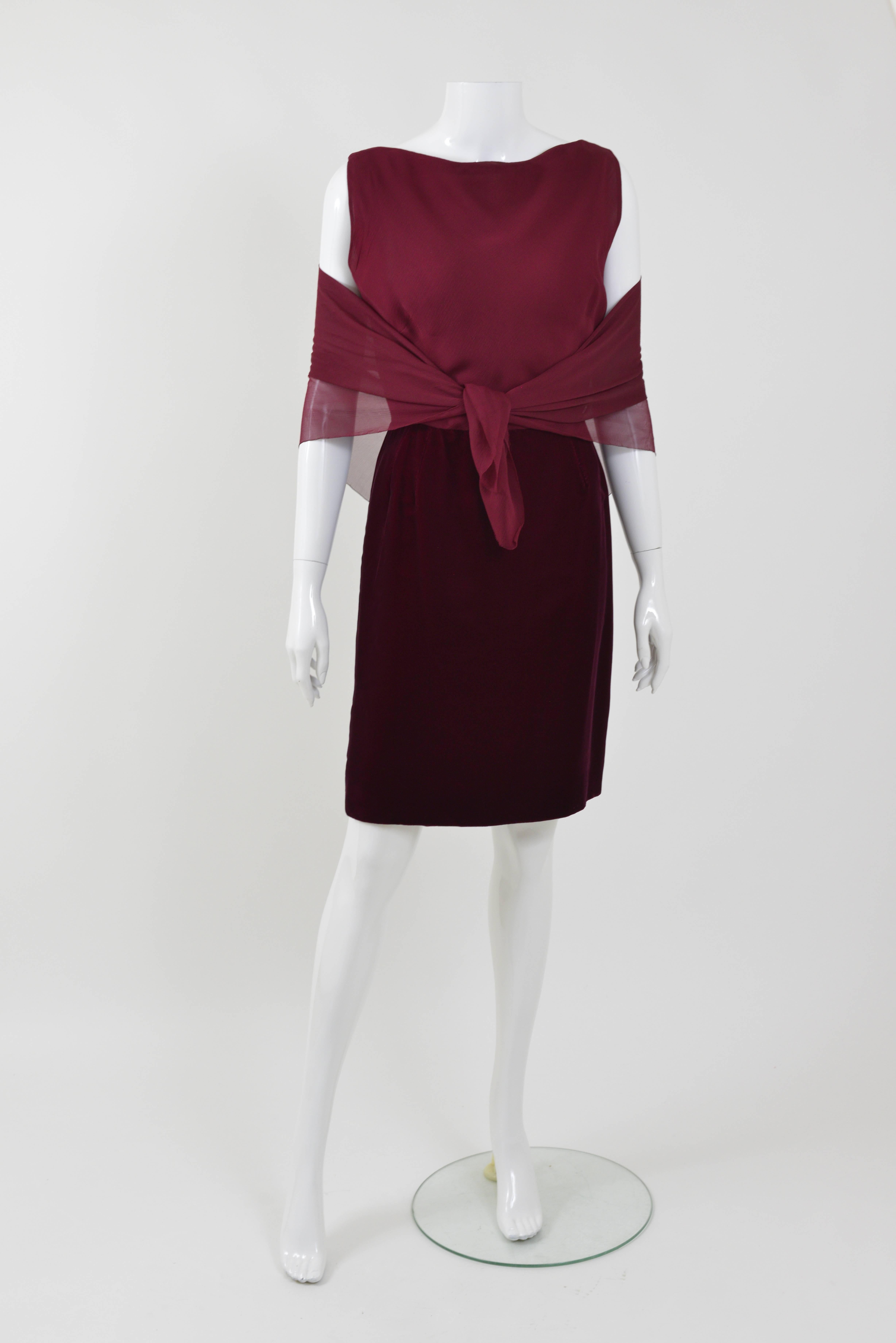 1960s CURIEL Italian Couture Burgundy Velvet Cocktail Dress with Bolero  1