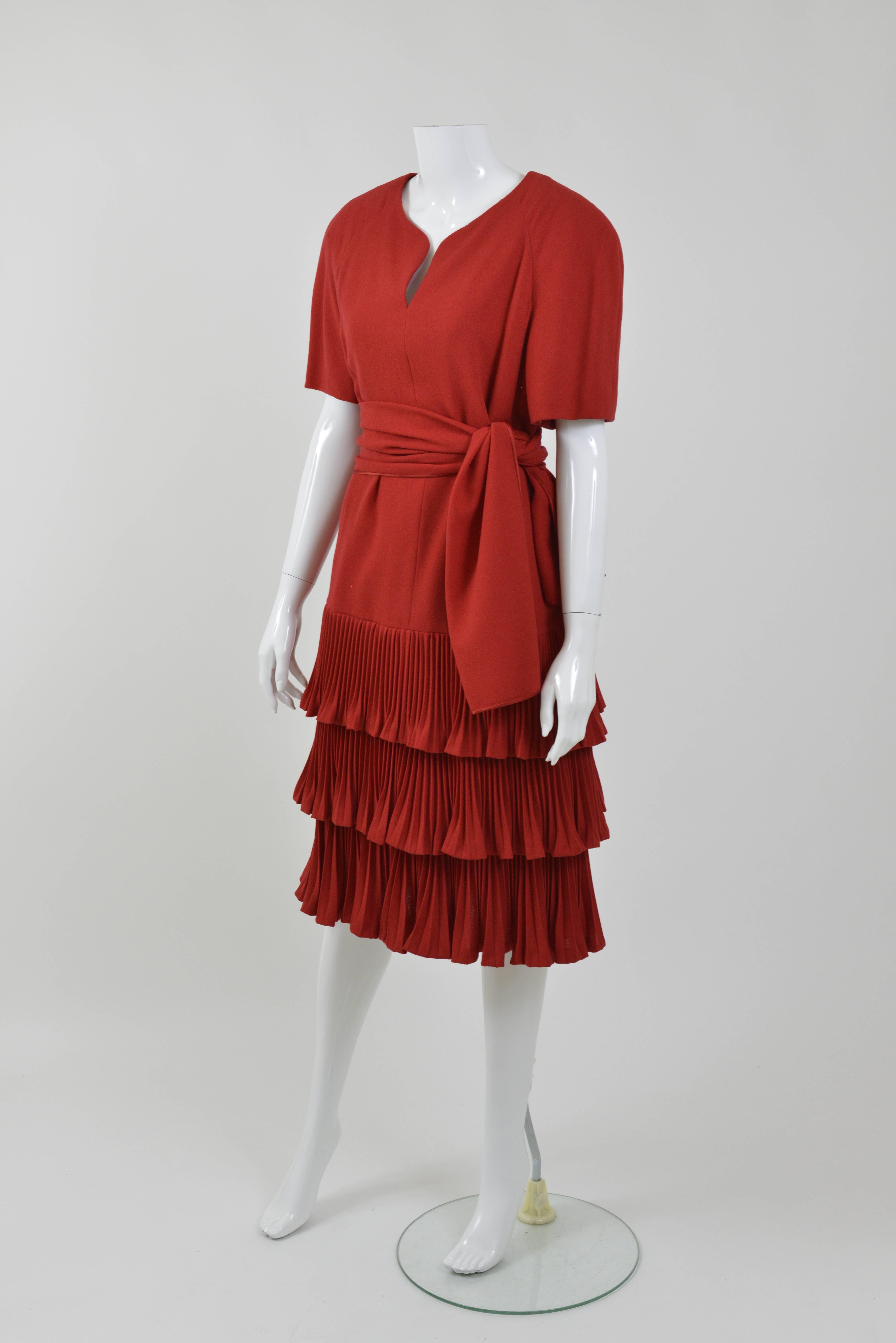 1990s VALENTINO COUTURE Red Pleateds Cocktail Dress For Sale 1