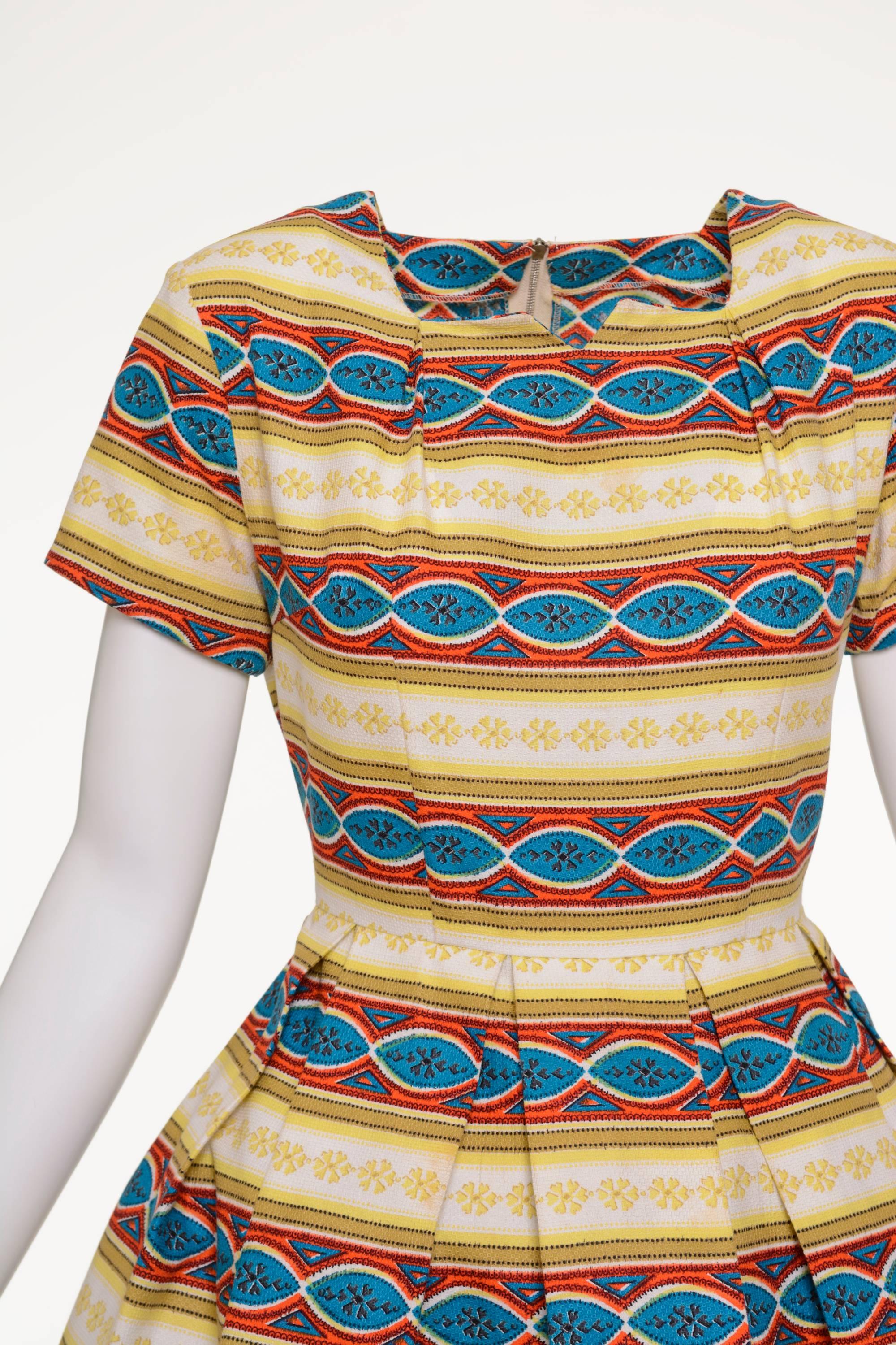 Brown 1950s Italian Couture Tapestry Print Cotton Dress For Sale