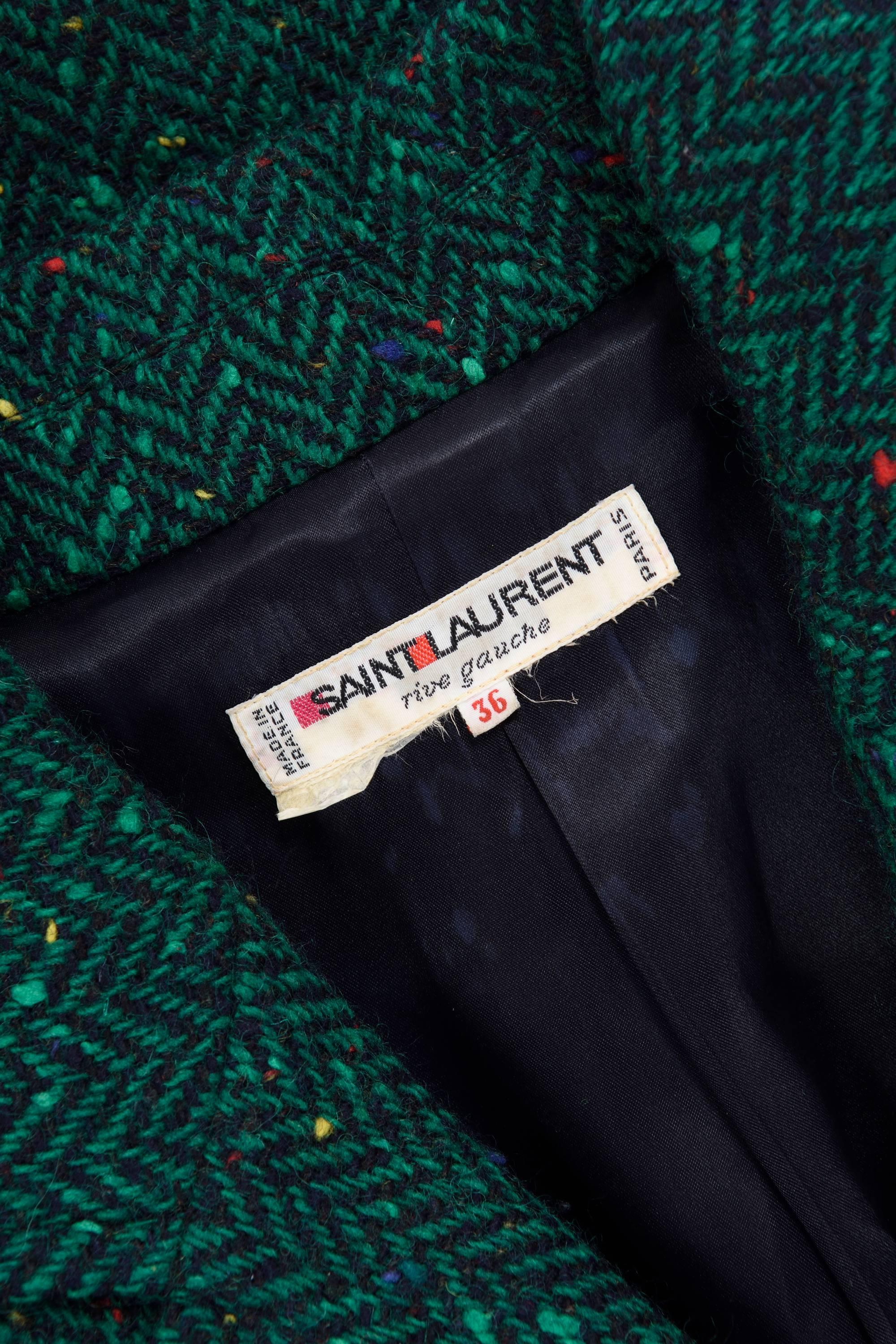 Yves Saint Laurent Rive Gauche Green Herringbone Tweed Suit Jacket, 1980s  In Excellent Condition For Sale In Milan, Italy