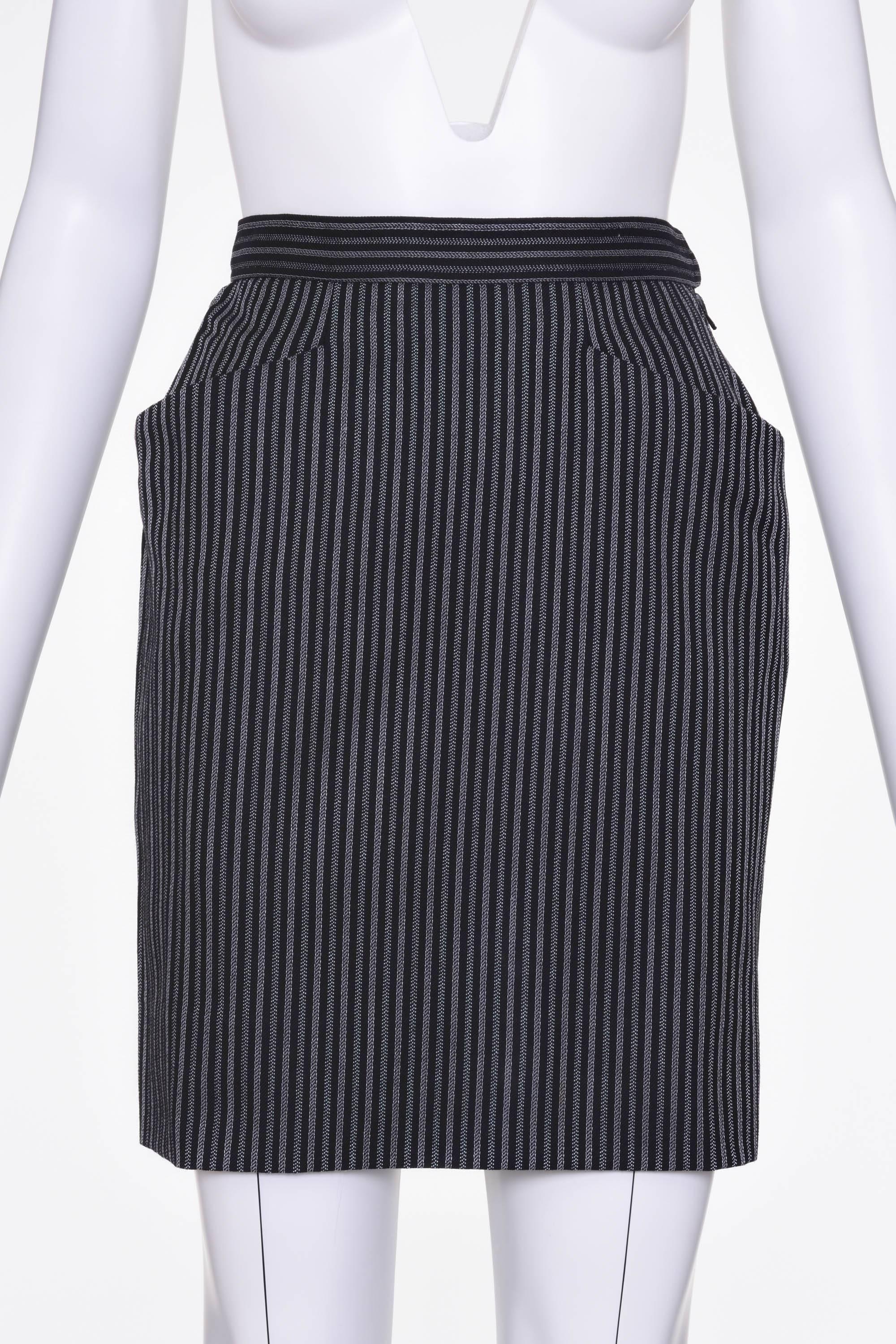 Black 1980s YVES SAiNT LAURENT Rive Gauche Pinstriped Wool Suit Skirt  For Sale