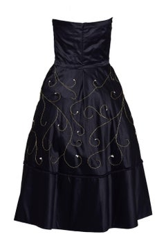 1950s Black Trimming Embroidery Silk Cocktail Evening Strapless Circle Dress