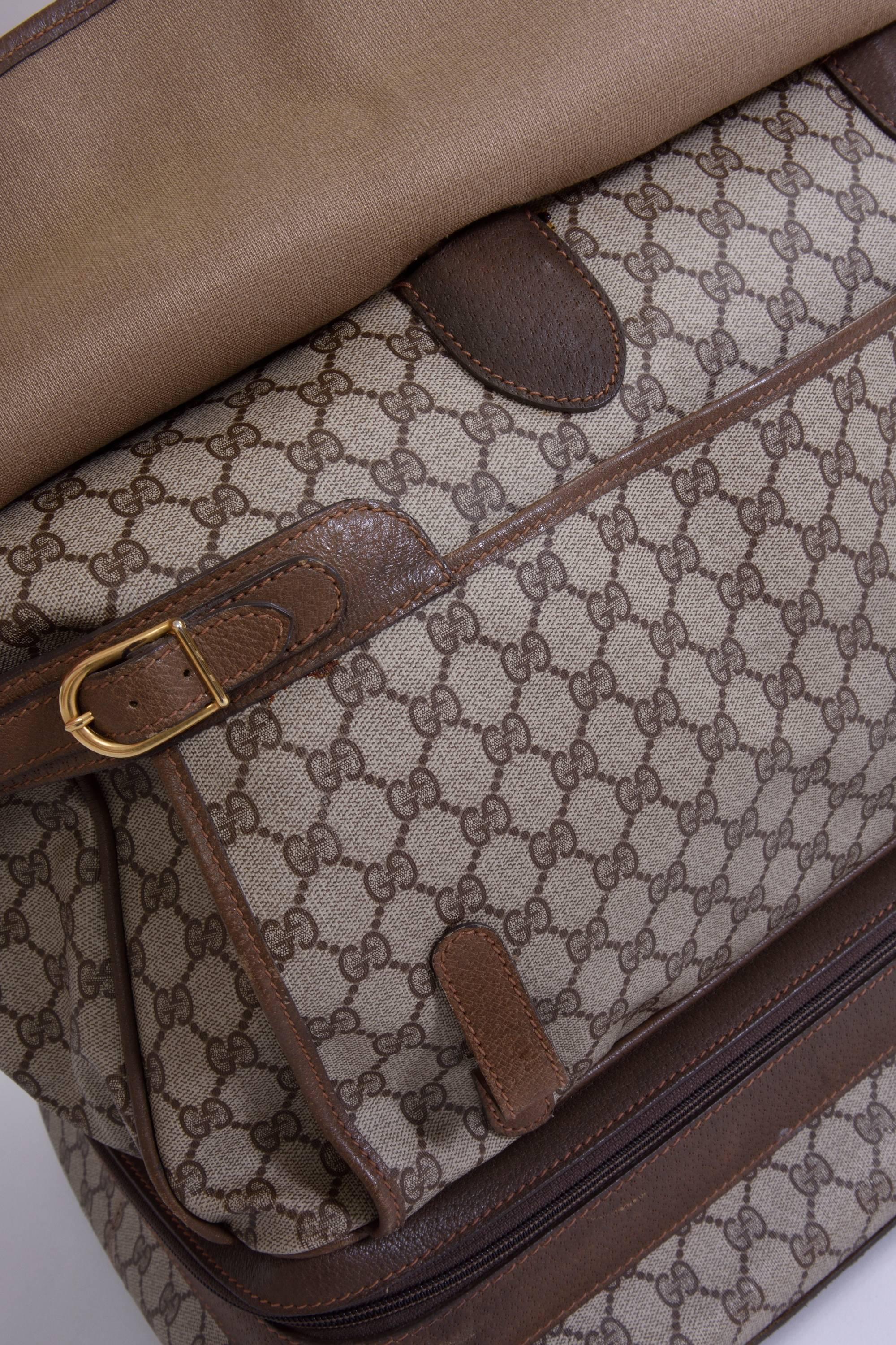 Gray 1980s GUCCI GG Monogram Brown Canvas Luggage Bag For Sale