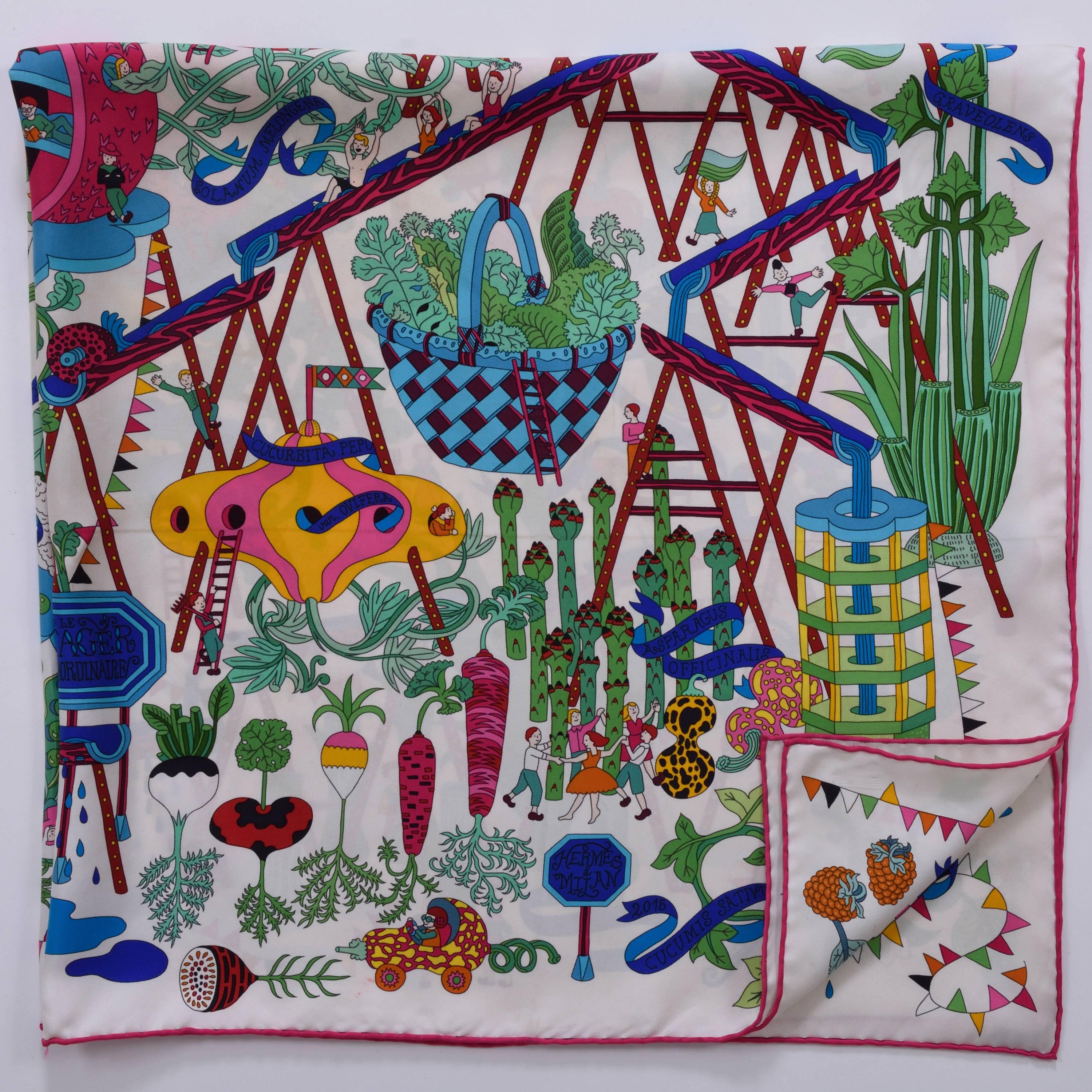 This authentic Hermès Scarf is 100% silk and has white background with colorful vegetable garden motif, with hand-rolled edging. 

Good condition 

Design by Pierre Marie  -Made in France-

MEASUREMENTS:
35 x 35 inches