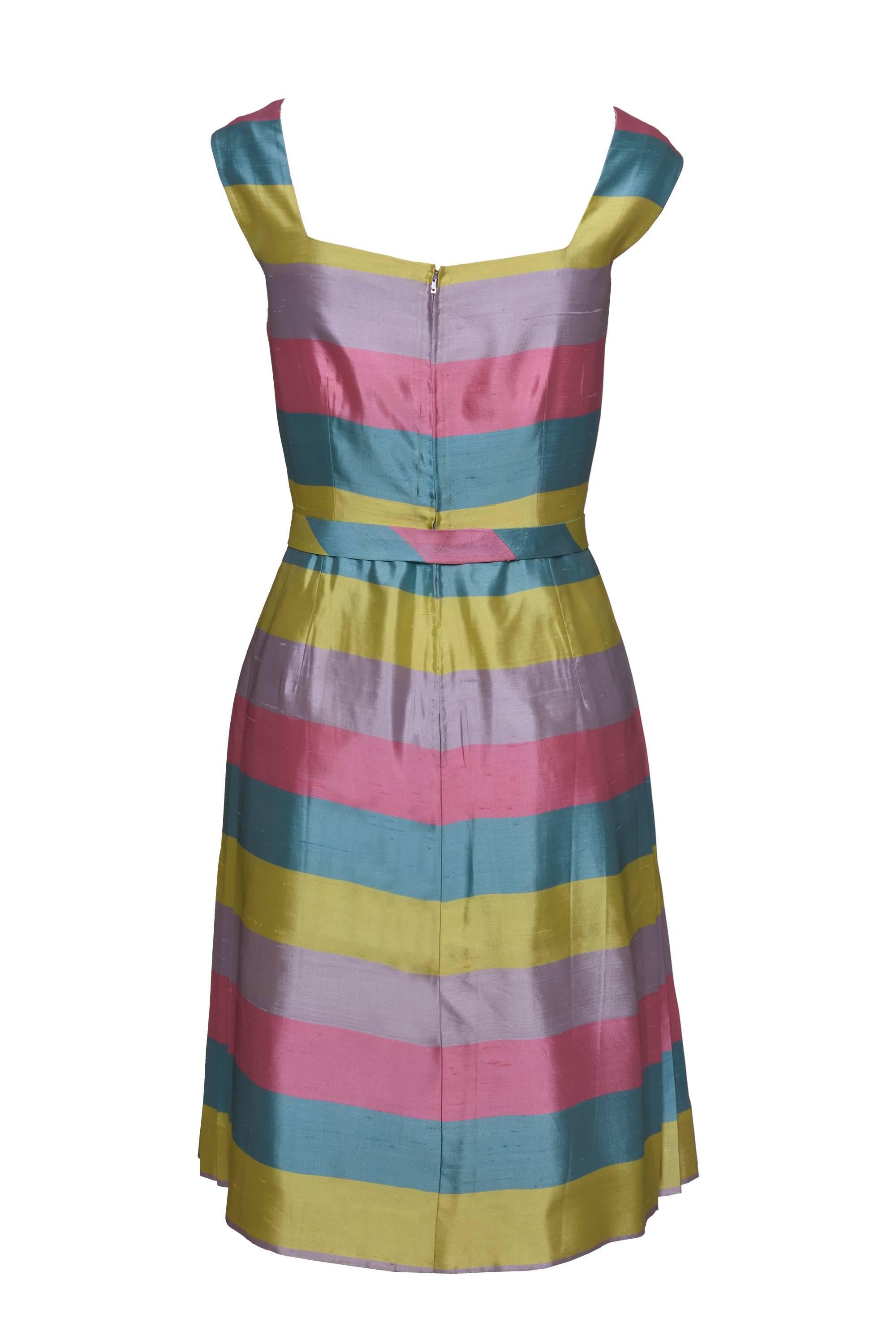 Brown 1950s Pastel Color Striped Print Cocktail Dress with Bolero For Sale
