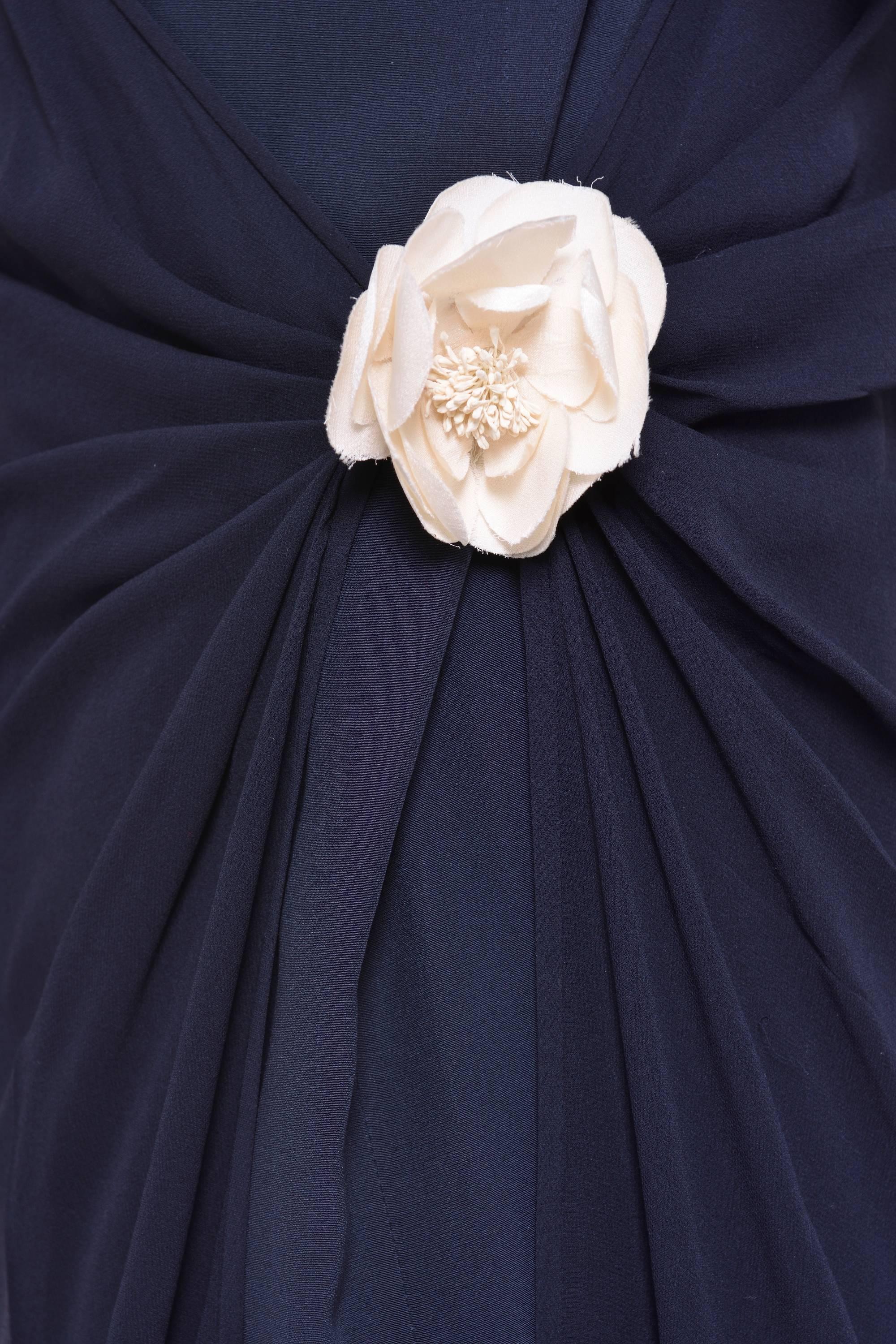 Black 1990s Mila Schön Navy Blue Silk Dress For Sale