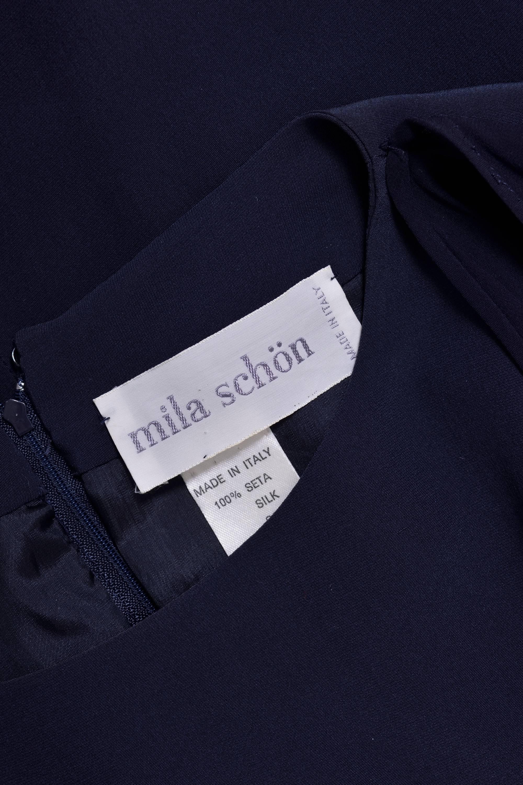 1990s Mila Schön Navy Blue Silk Dress In Excellent Condition For Sale In Milan, Italy